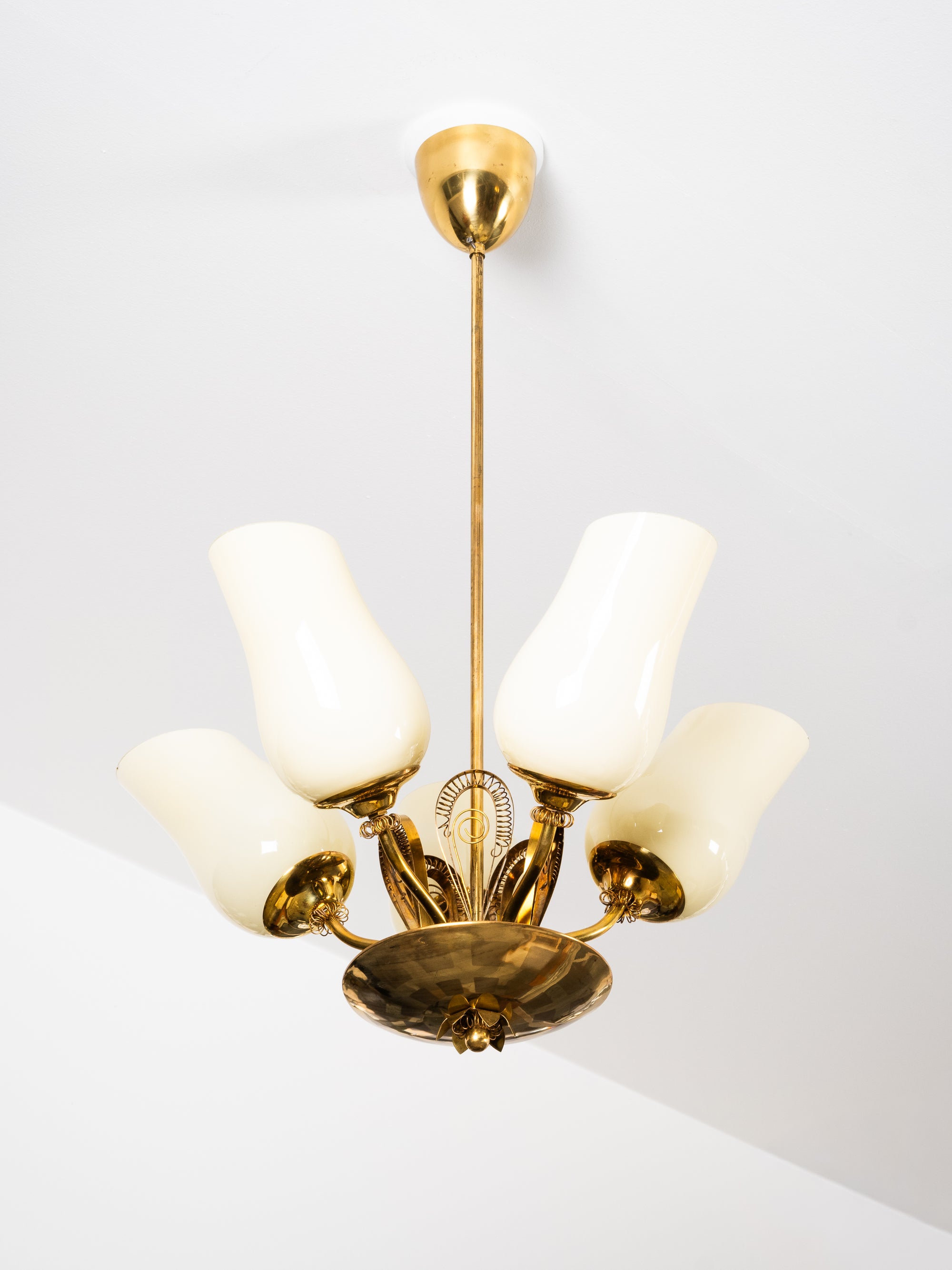 Brass &amp; Glass Chandelier Model 505-5 by Stockmann Orno, Finland, 1950s