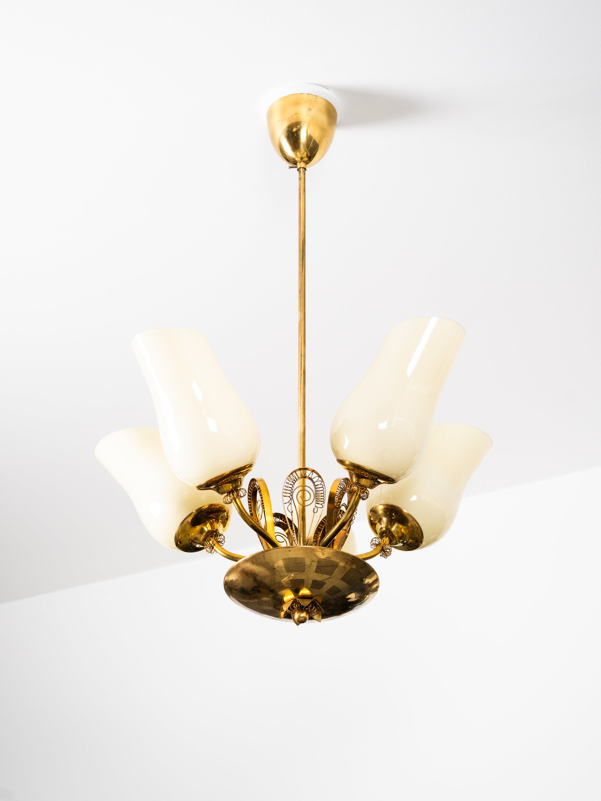 Brass &amp; Glass Chandelier Model 505-5 by Stockmann Orno, Finland, 1950s