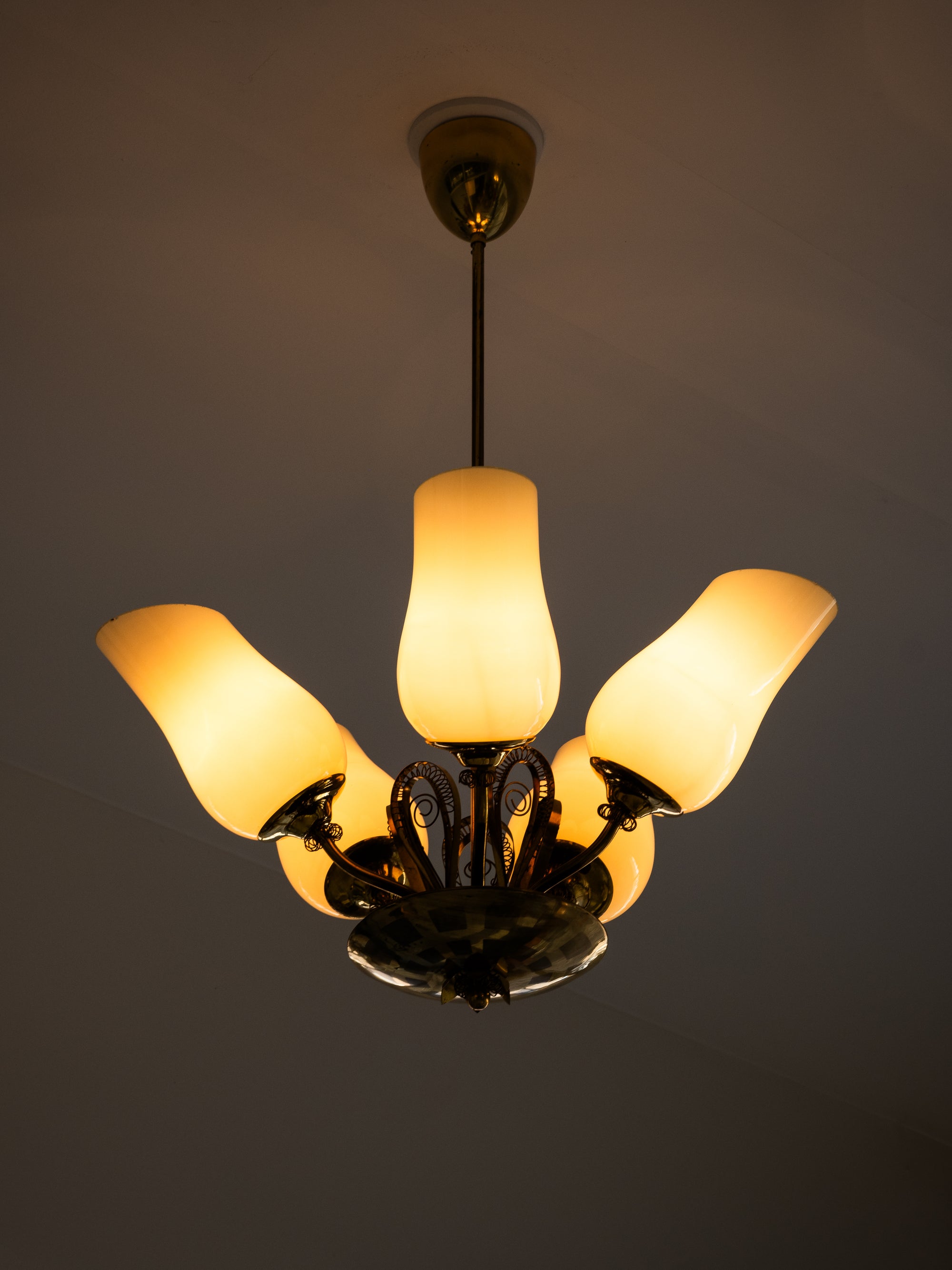 Brass &amp; Glass Chandelier Model 505-5 by Stockmann Orno, Finland, 1950s