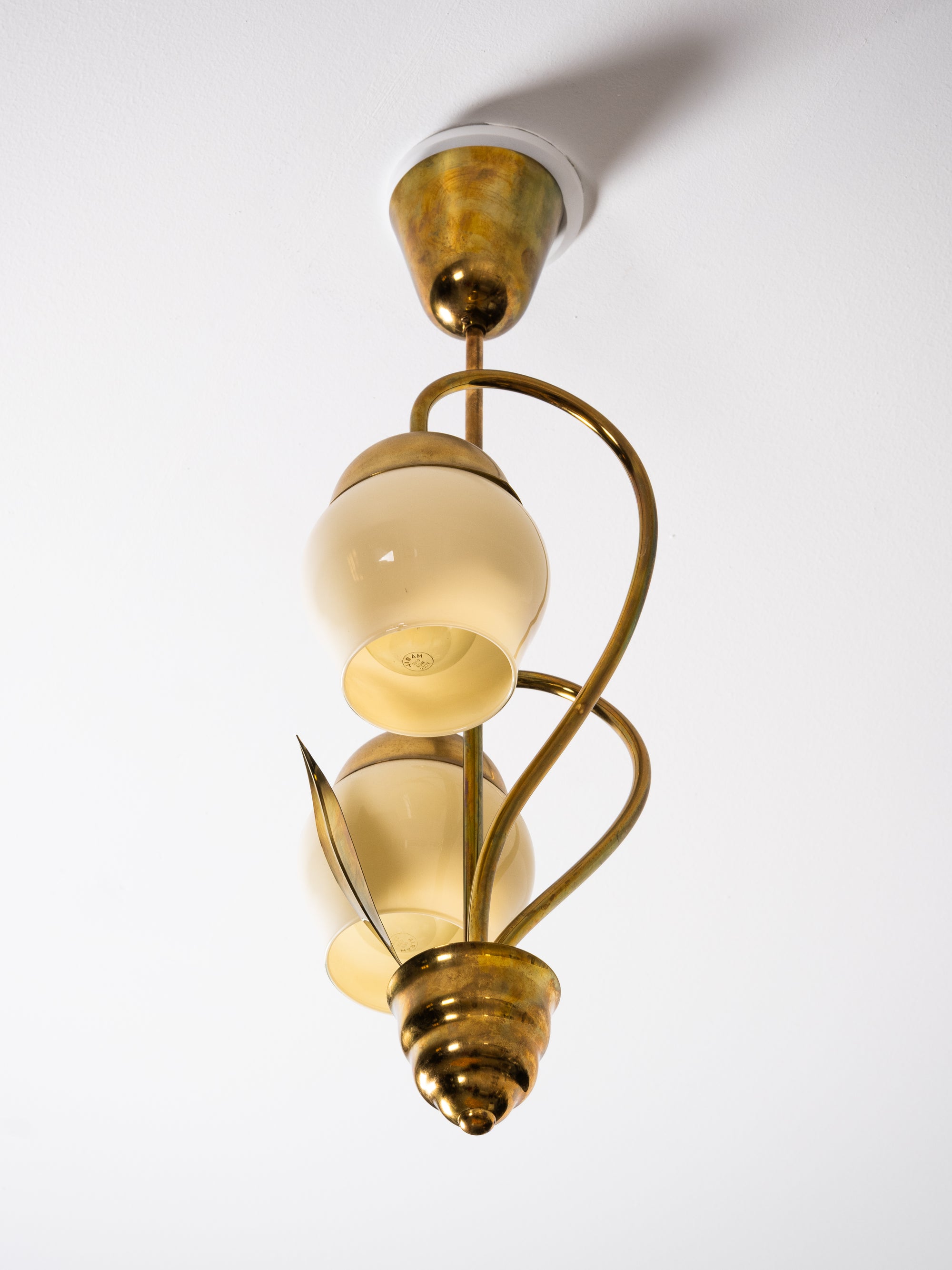 Mid-Century Brass and Opaline Glass Pendant, Finland, 1950s