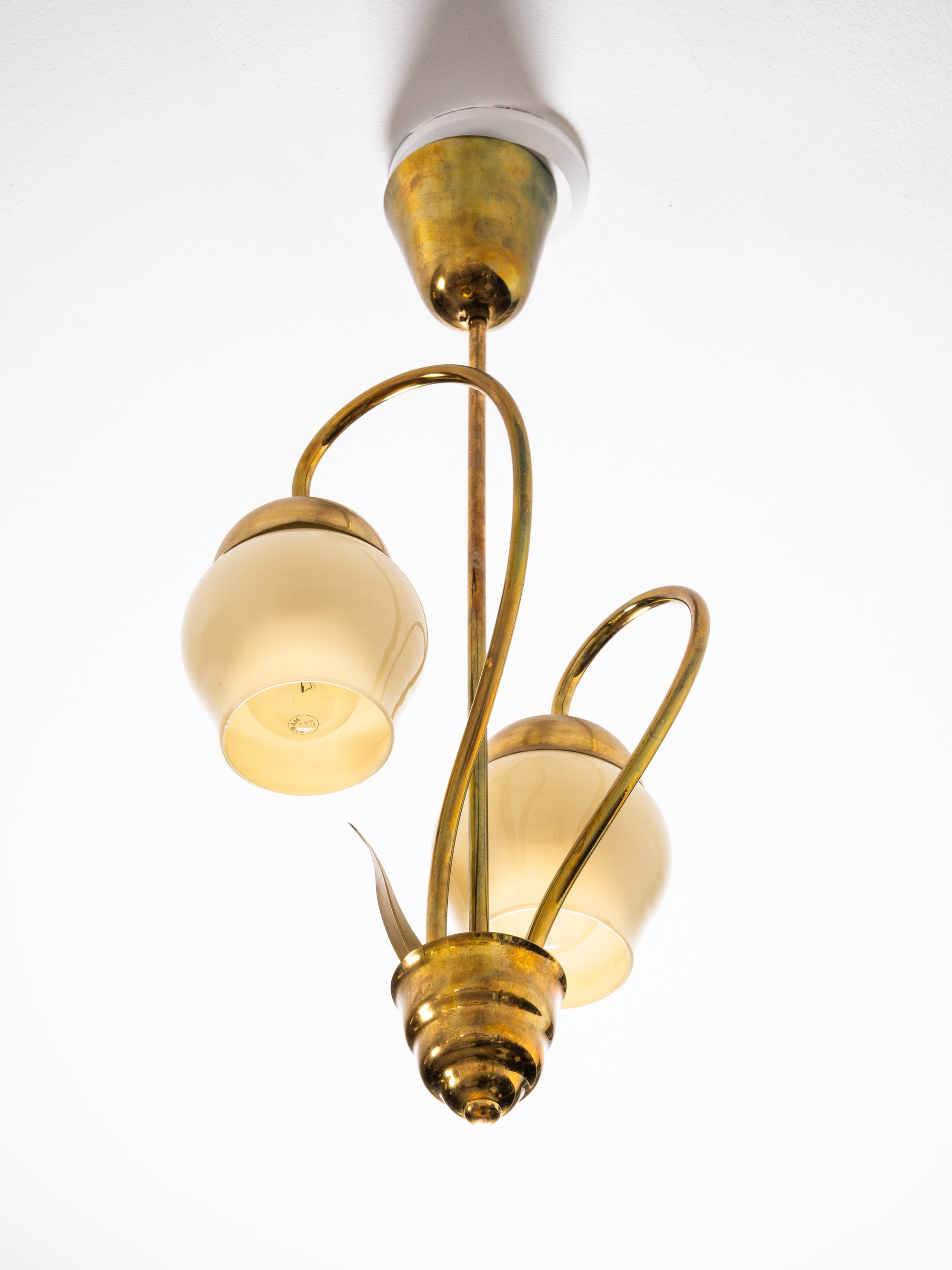 Mid-Century Brass and Opaline Glass Pendant, Finland, 1950s