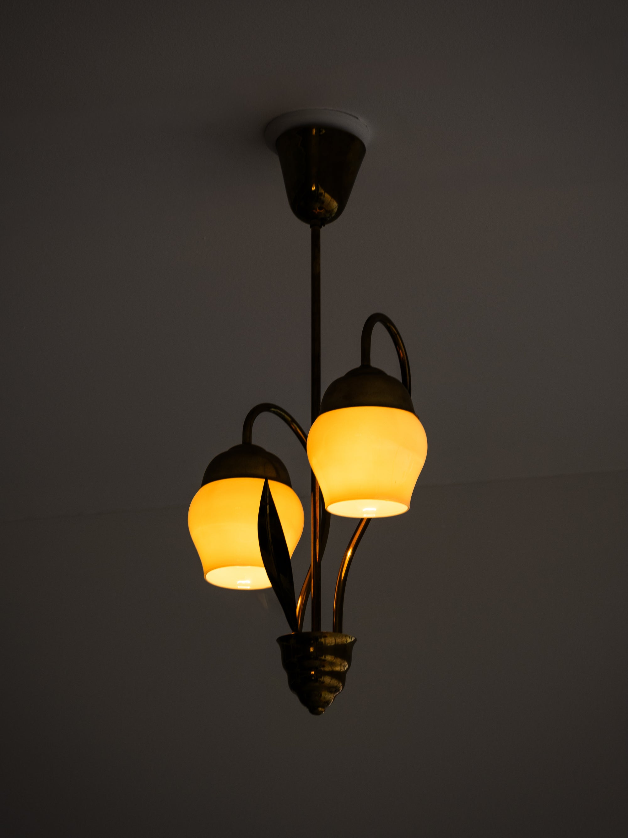 Mid-Century Brass and Opaline Glass Pendant, Finland, 1950s
