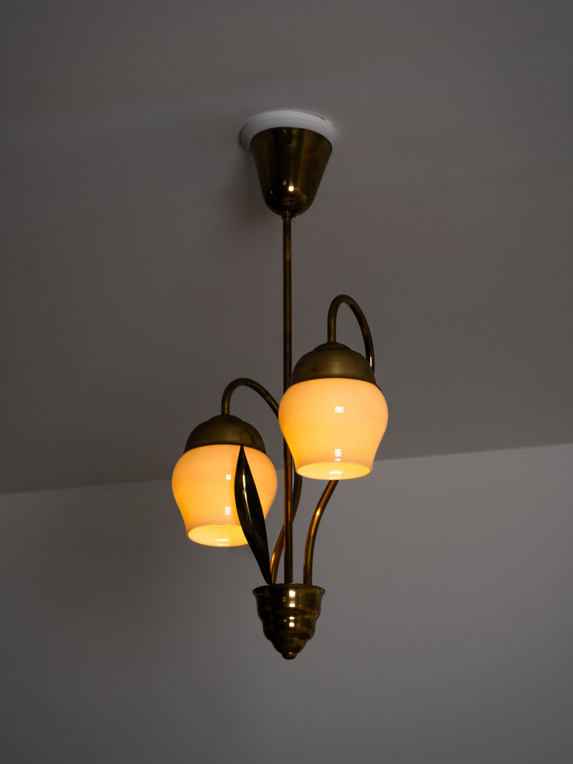 Mid-Century Brass and Opaline Glass Pendant, Finland, 1950s