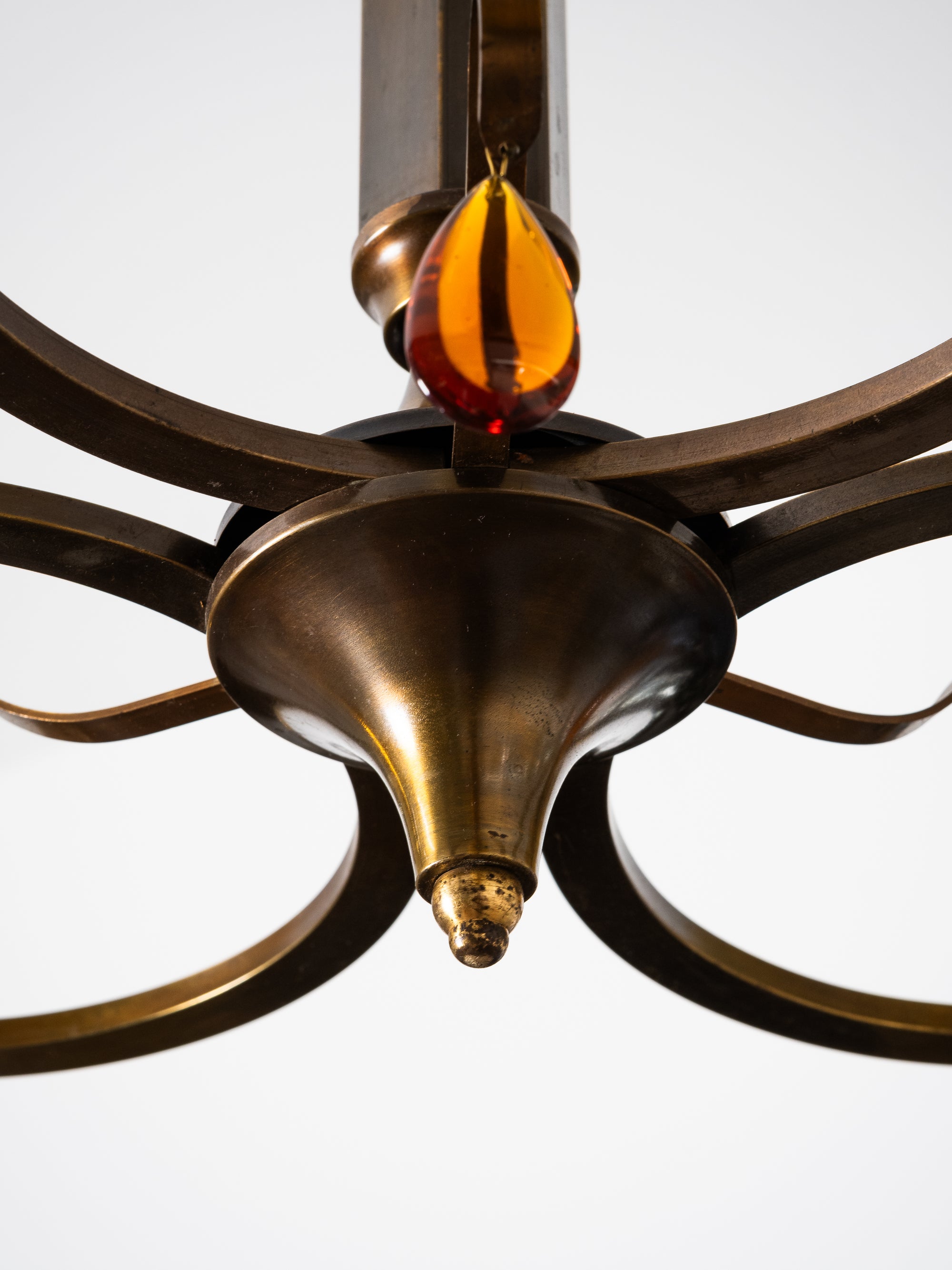 Swedish Grace Oxidised Brass &amp; Amber Glass Pendant Chandelier, 1930s