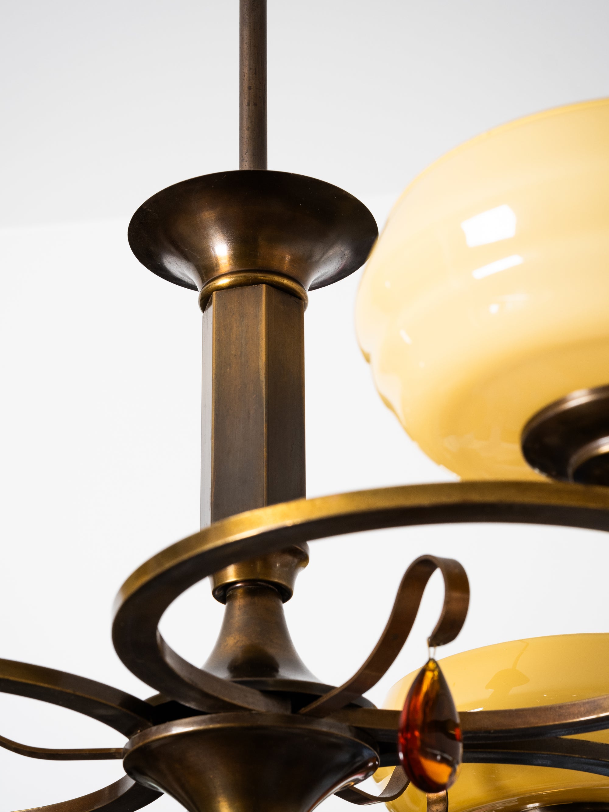 Swedish Grace Oxidised Brass &amp; Amber Glass Pendant Chandelier, 1930s