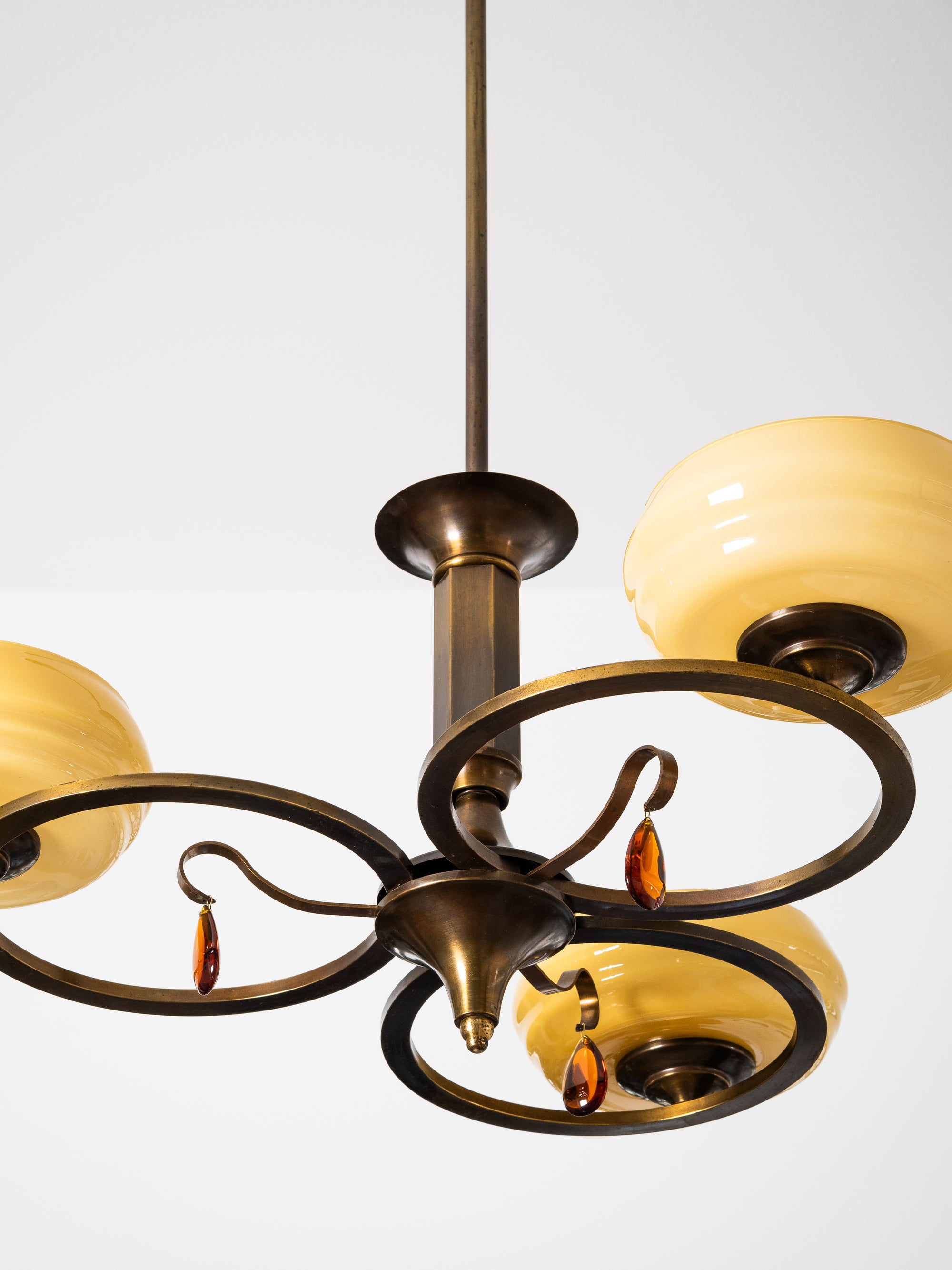 Swedish Grace Oxidised Brass &amp; Amber Glass Pendant Chandelier, 1930s