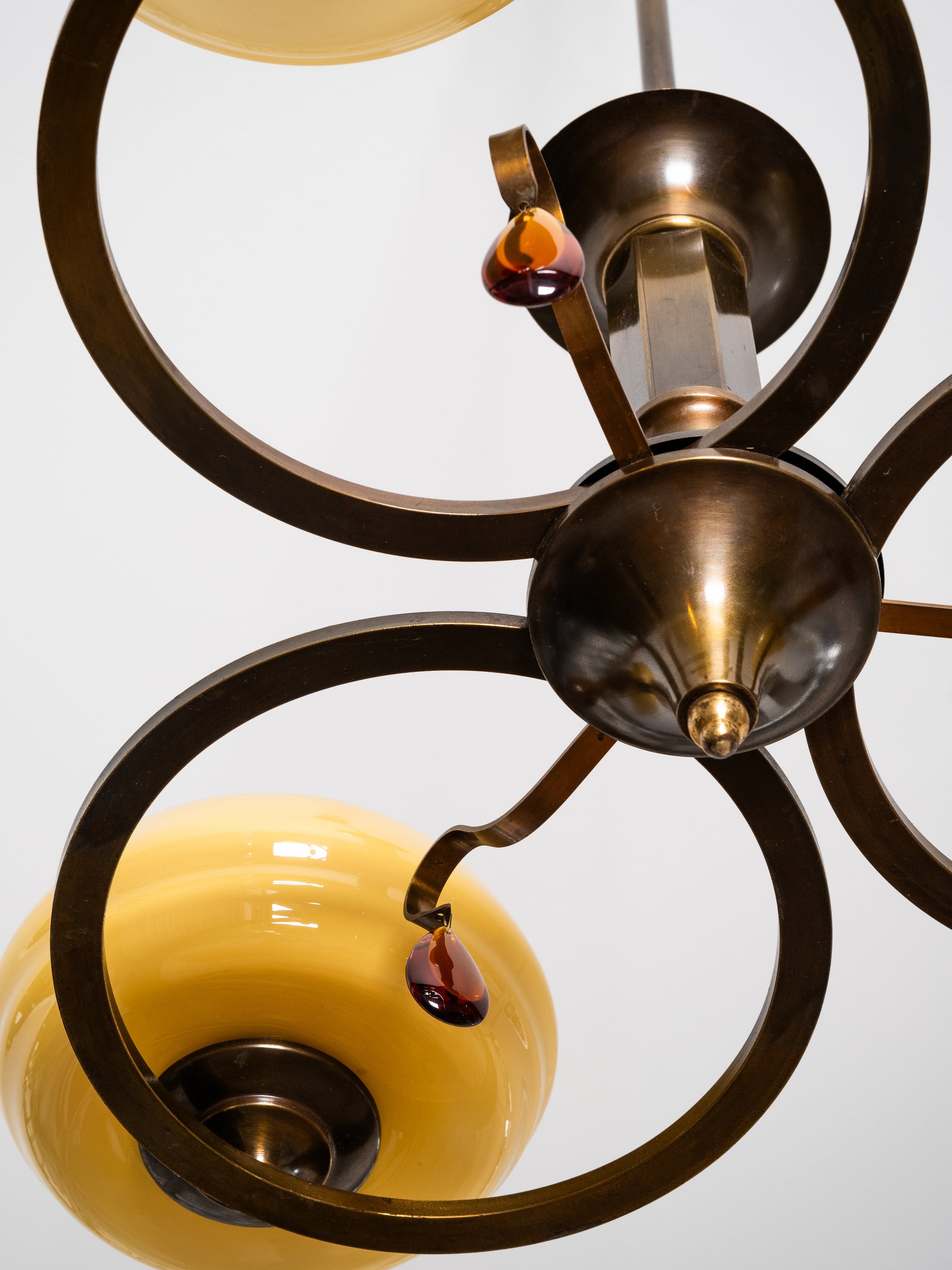 Swedish Grace Oxidised Brass &amp; Amber Glass Pendant Chandelier, 1930s