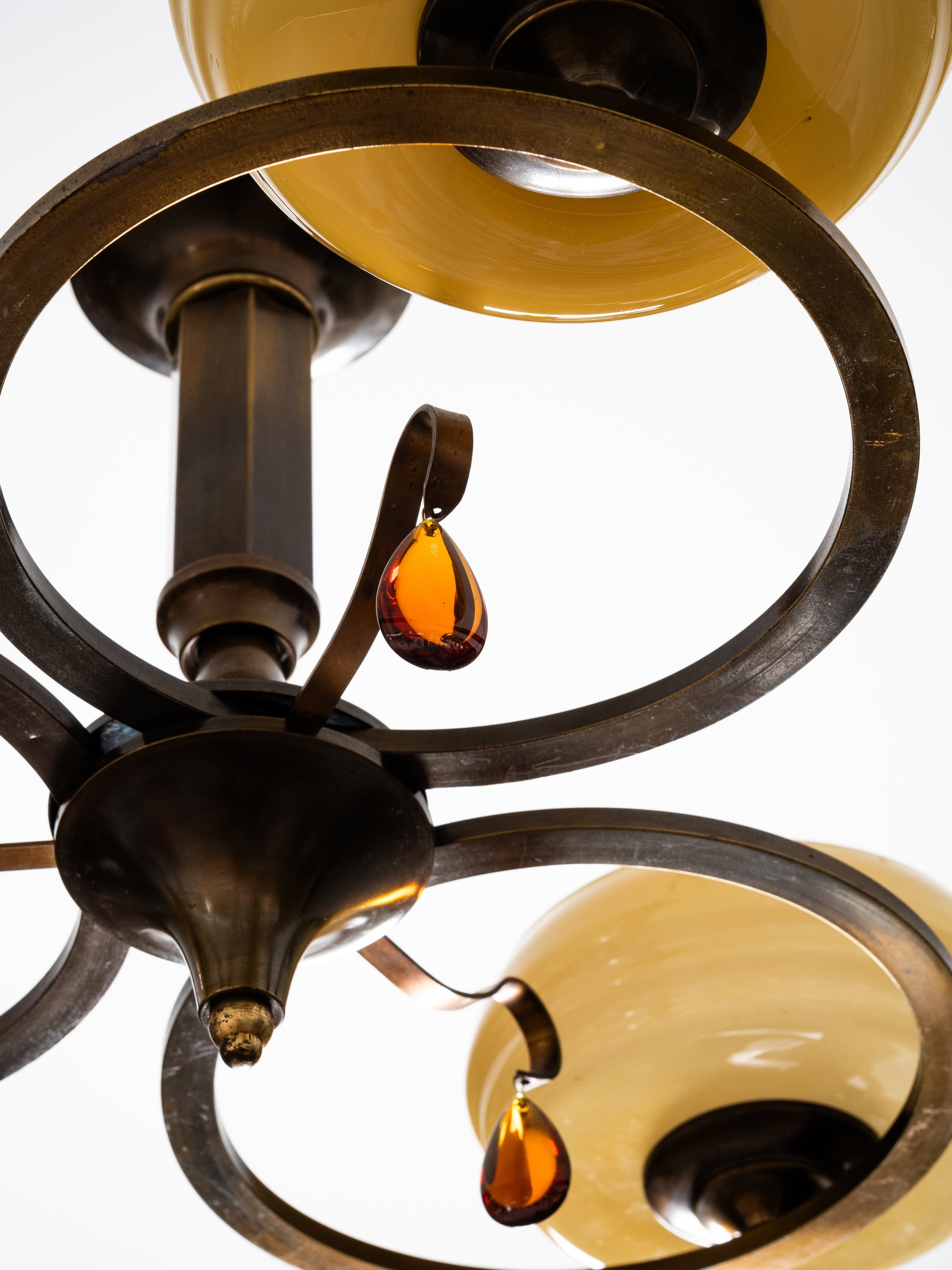 Swedish Grace Oxidised Brass &amp; Amber Glass Pendant Chandelier, 1930s