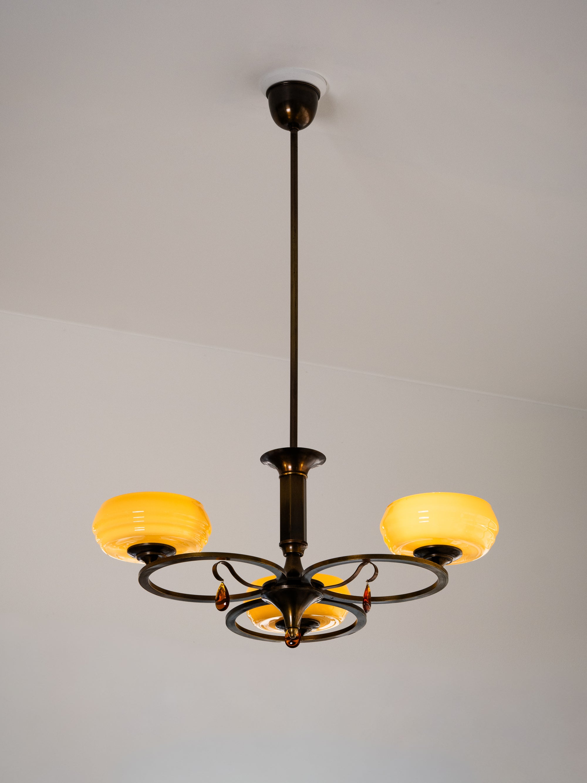 Swedish Grace Oxidised Brass &amp; Amber Glass Pendant Chandelier, 1930s