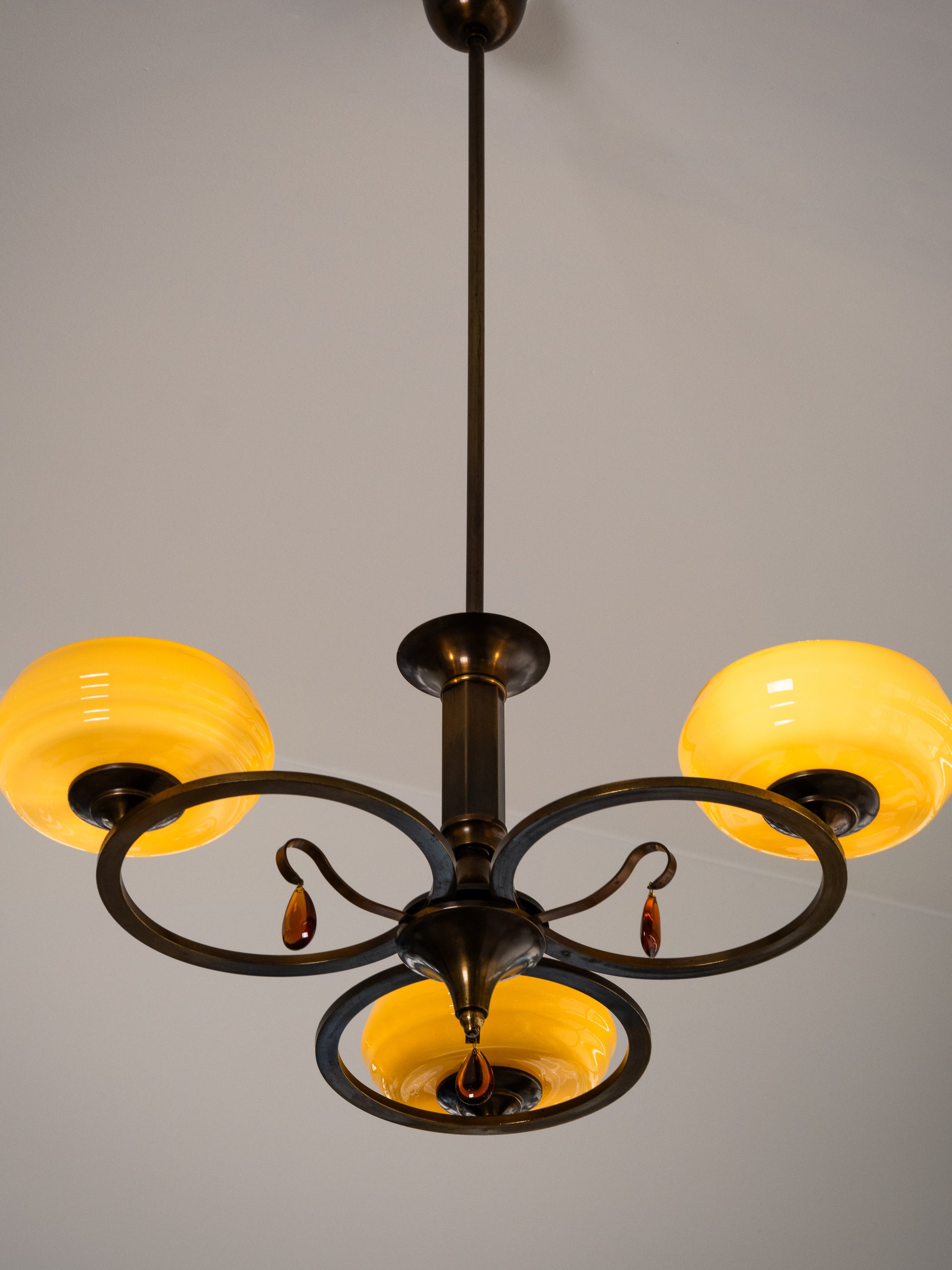 Swedish Grace Oxidised Brass &amp; Amber Glass Pendant Chandelier, 1930s