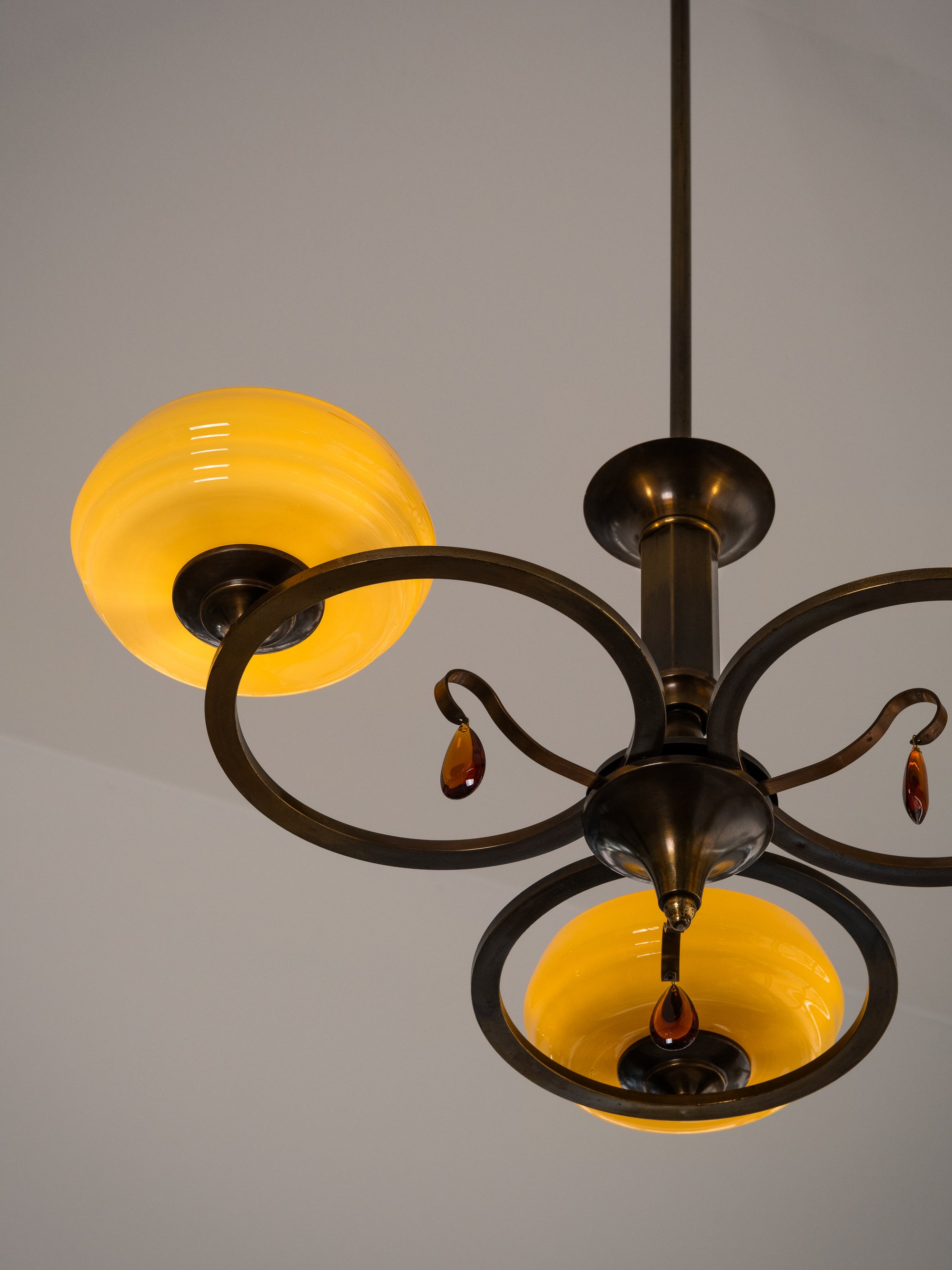 Swedish Grace Oxidised Brass &amp; Amber Glass Pendant Chandelier, 1930s