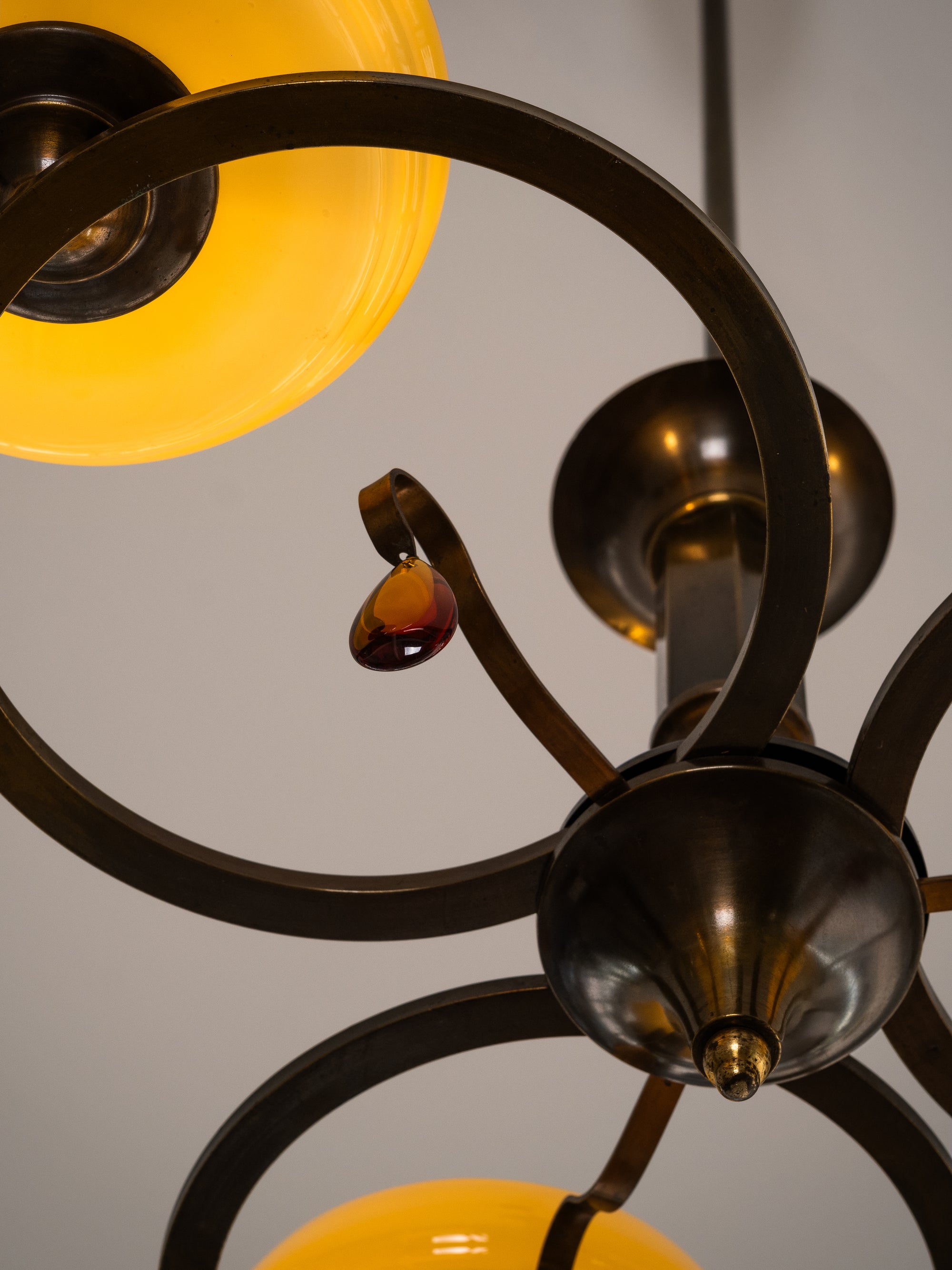 Swedish Grace Oxidised Brass &amp; Amber Glass Pendant Chandelier, 1930s