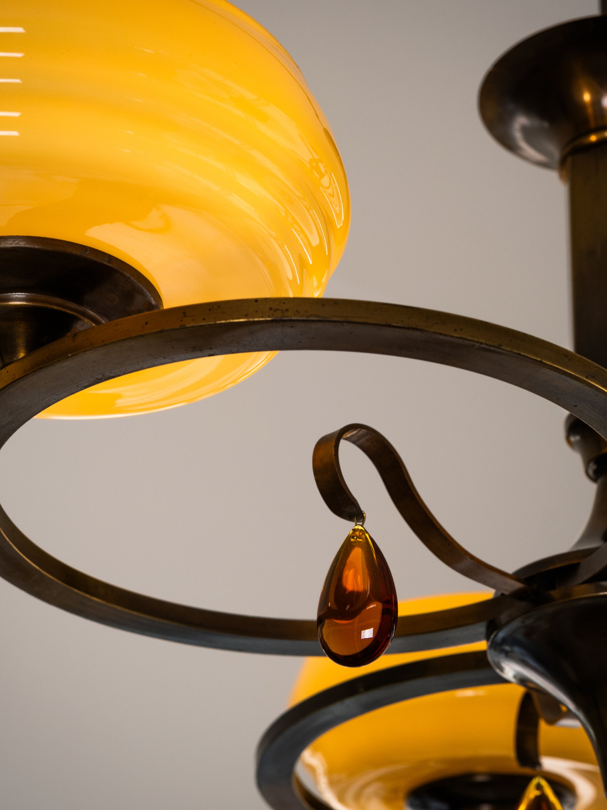 Swedish Grace Oxidised Brass &amp; Amber Glass Pendant Chandelier, 1930s
