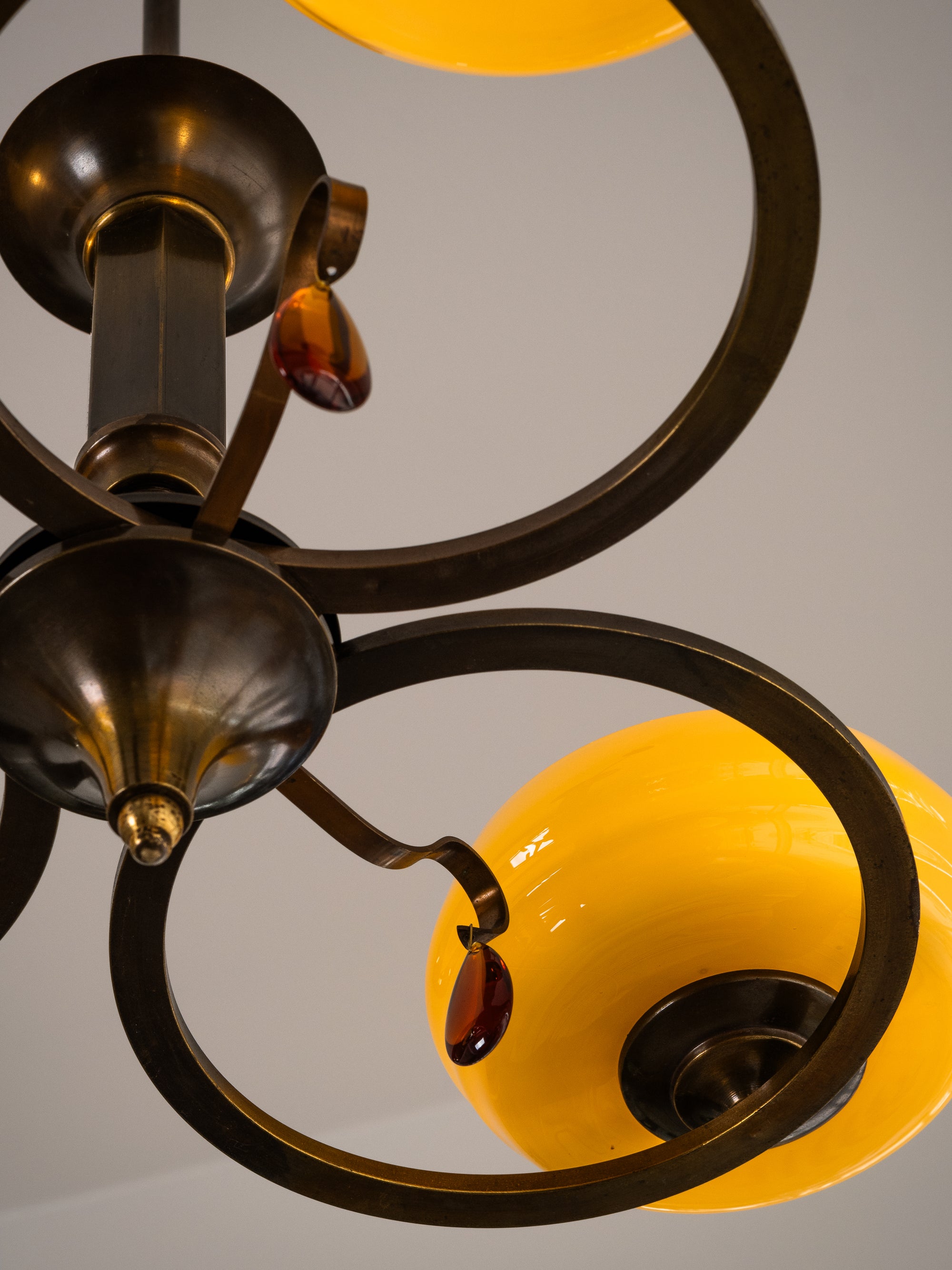 Swedish Grace Oxidised Brass &amp; Amber Glass Pendant Chandelier, 1930s