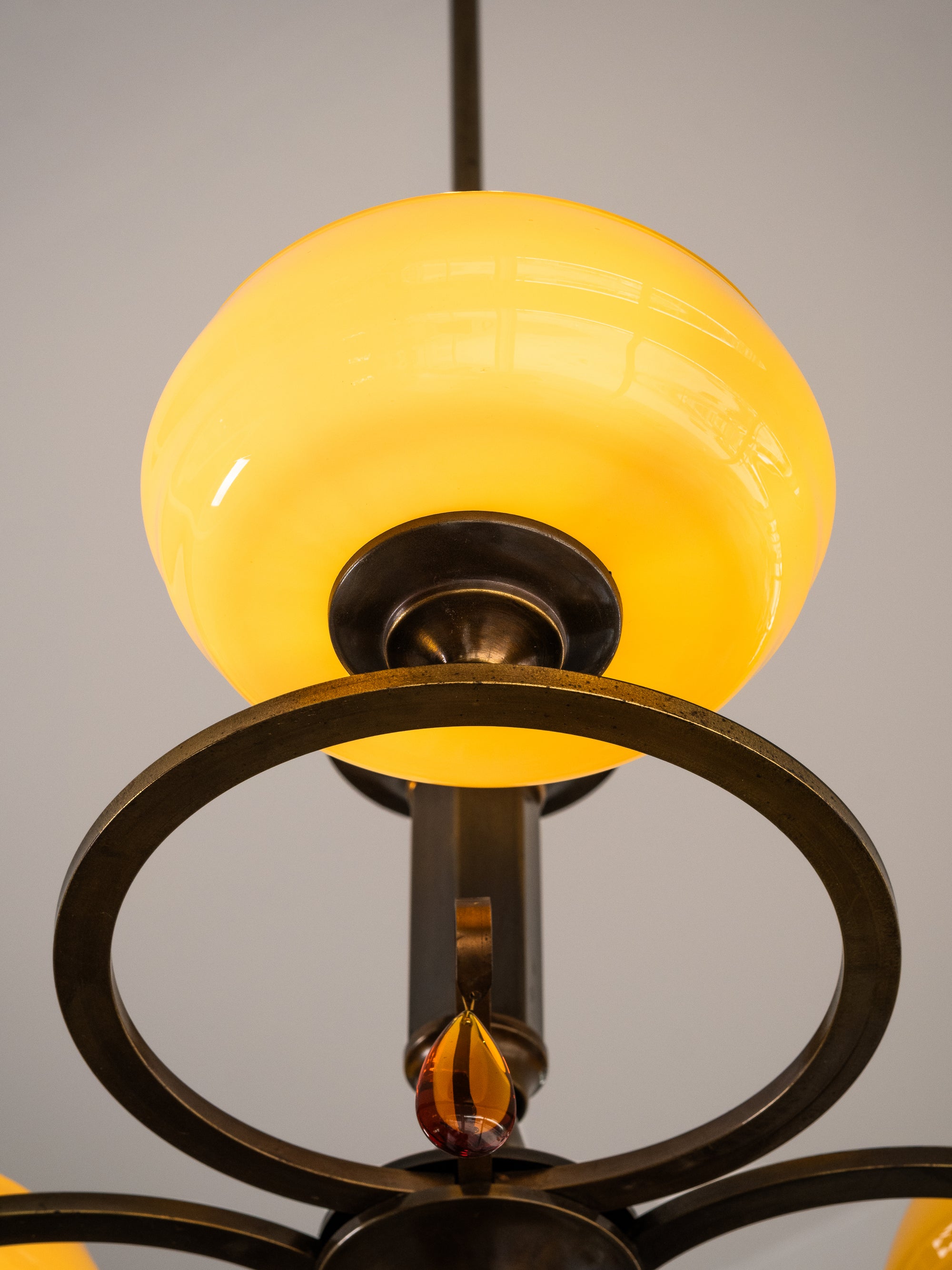Swedish Grace Oxidised Brass &amp; Amber Glass Pendant Chandelier, 1930s