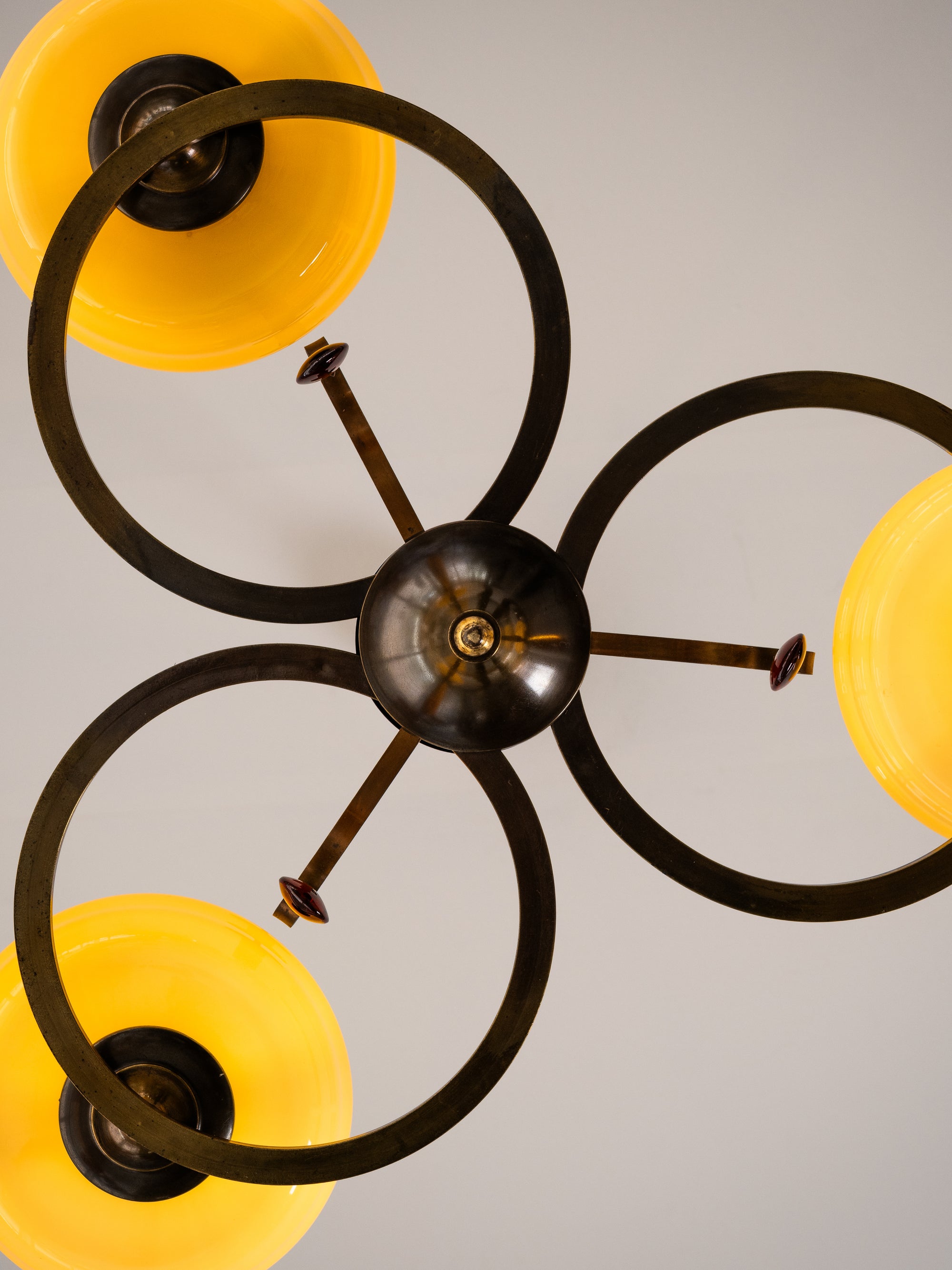 Swedish Grace Oxidised Brass &amp; Amber Glass Pendant Chandelier, 1930s