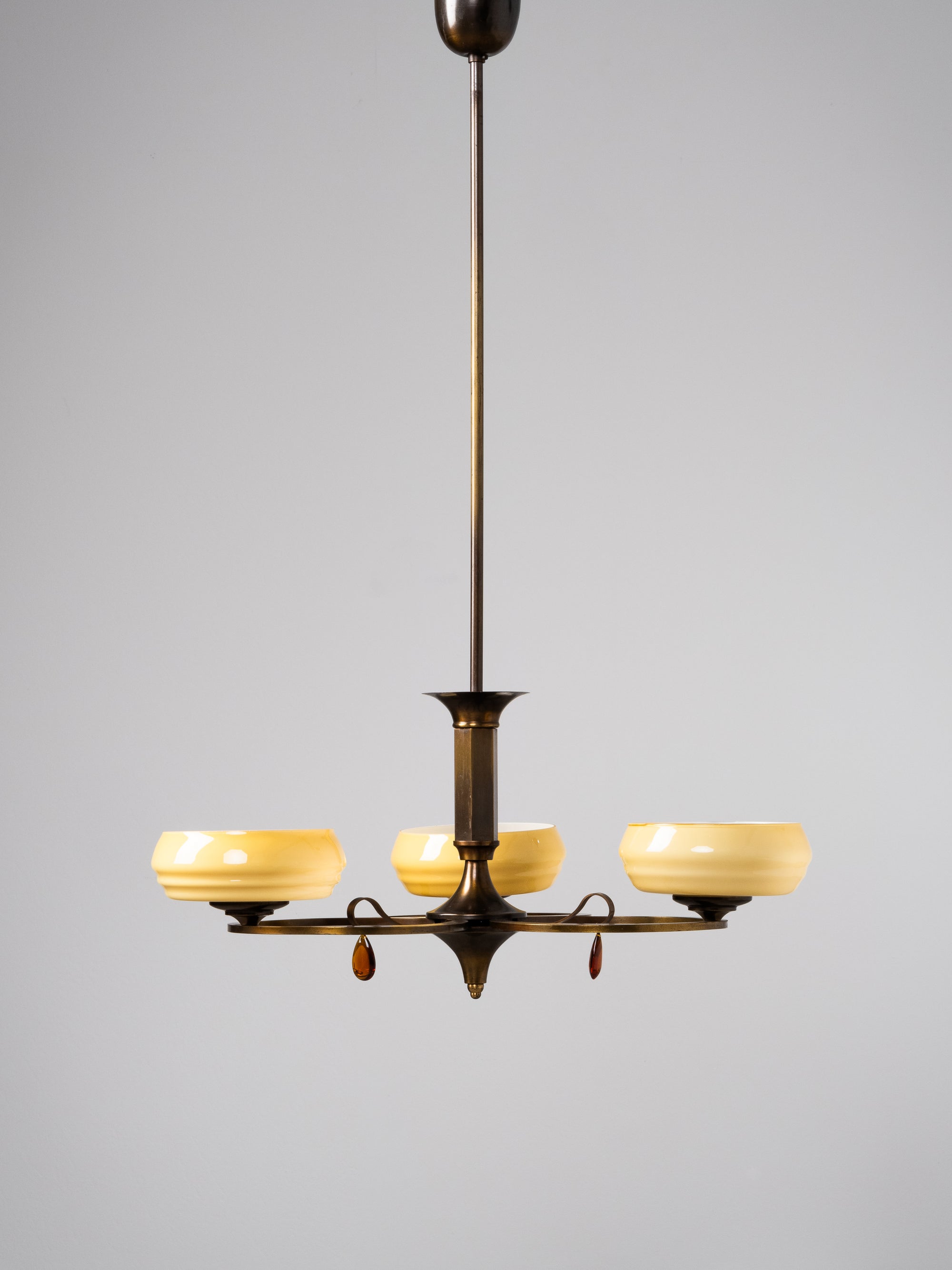 Swedish Grace Oxidised Brass &amp; Amber Glass Pendant Chandelier, 1930s