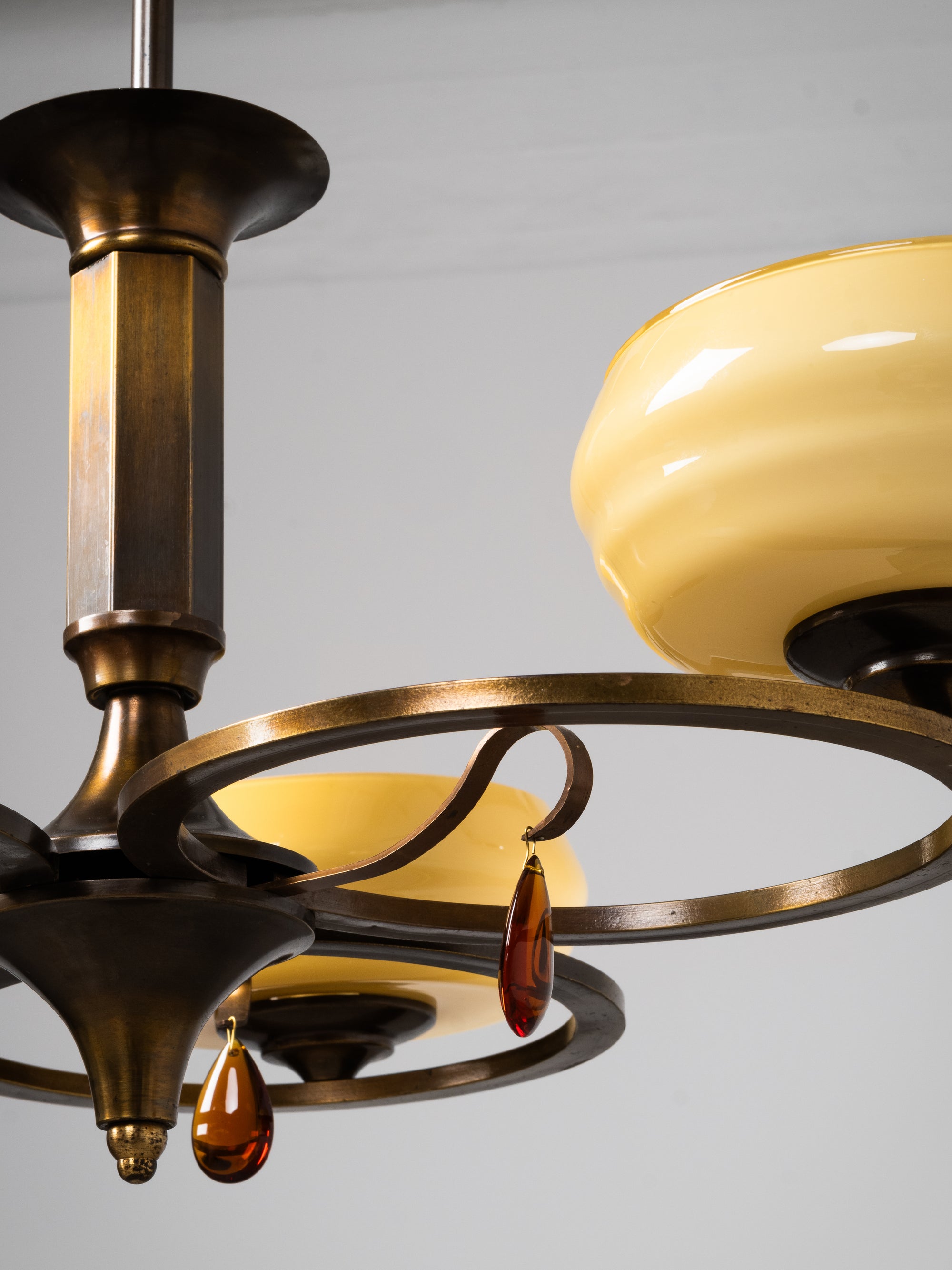 Swedish Grace Oxidised Brass &amp; Amber Glass Pendant Chandelier, 1930s