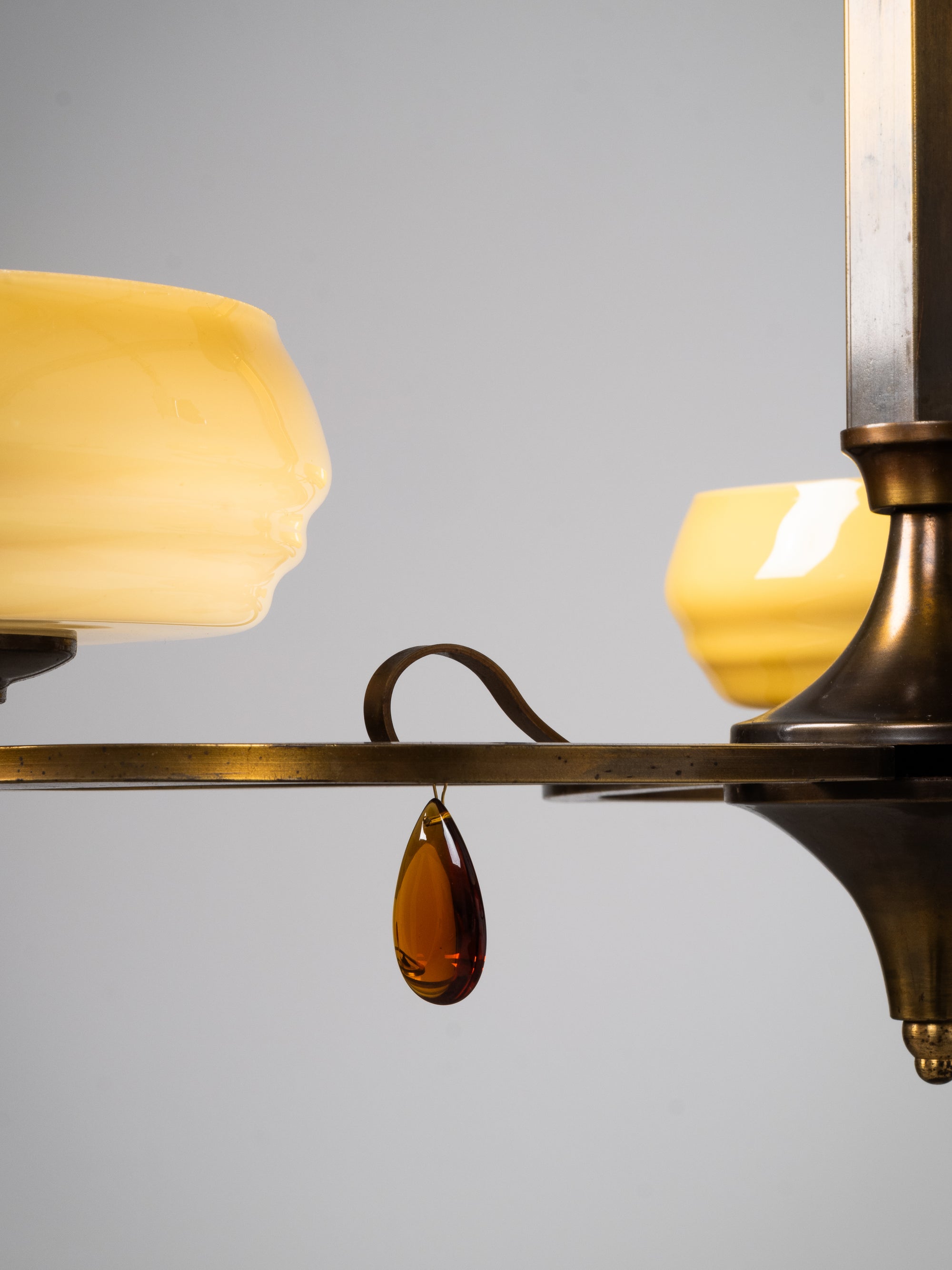 Swedish Grace Oxidised Brass &amp; Amber Glass Pendant Chandelier, 1930s