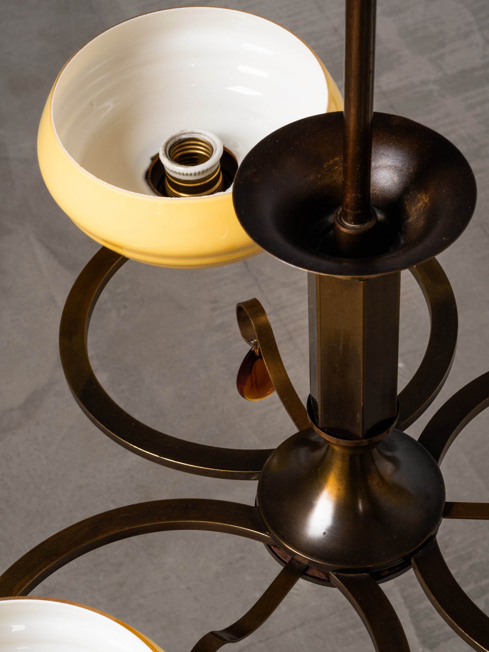 Swedish Grace Oxidised Brass &amp; Amber Glass Pendant Chandelier, 1930s