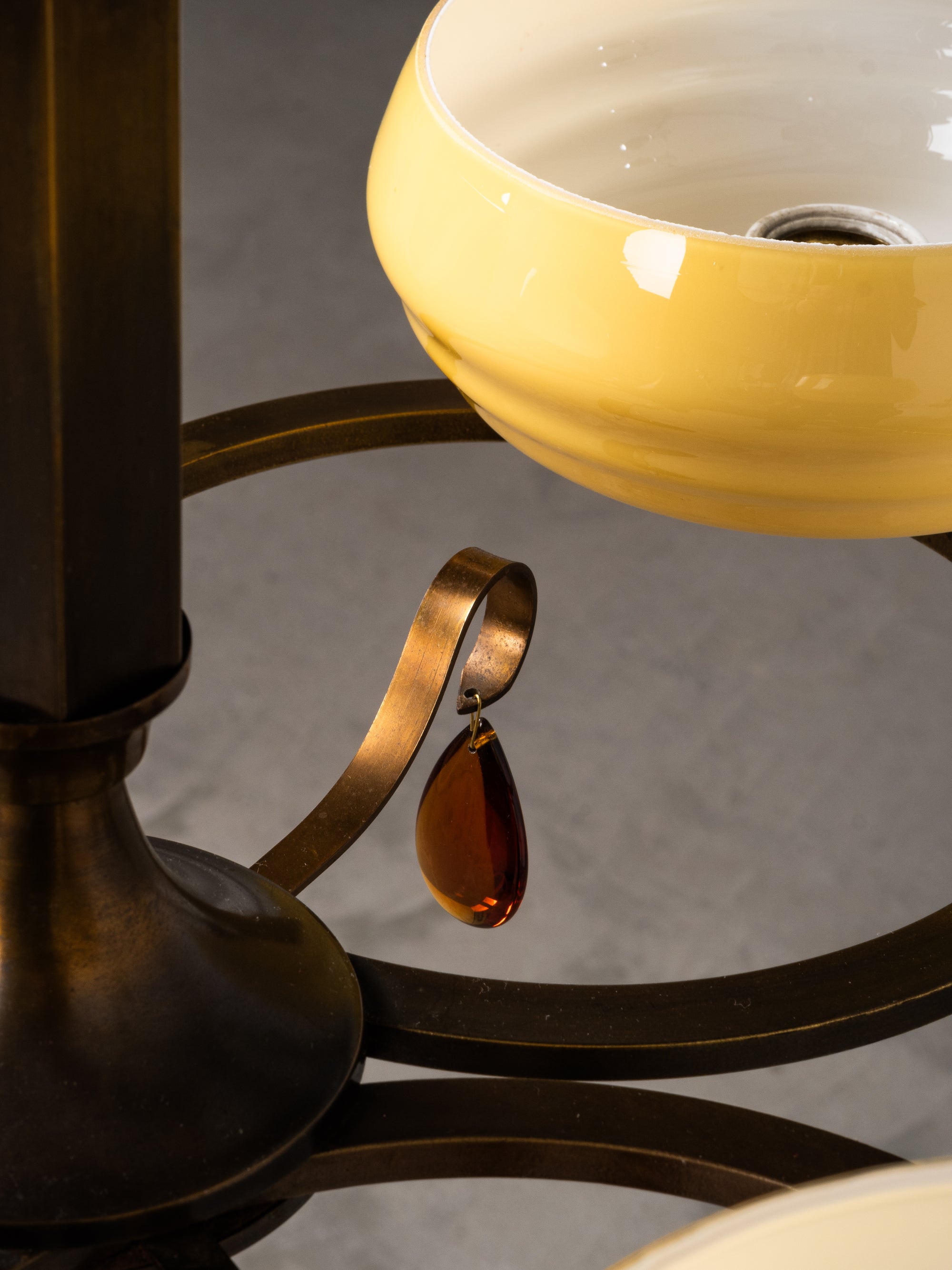 Swedish Grace Oxidised Brass &amp; Amber Glass Pendant Chandelier, 1930s