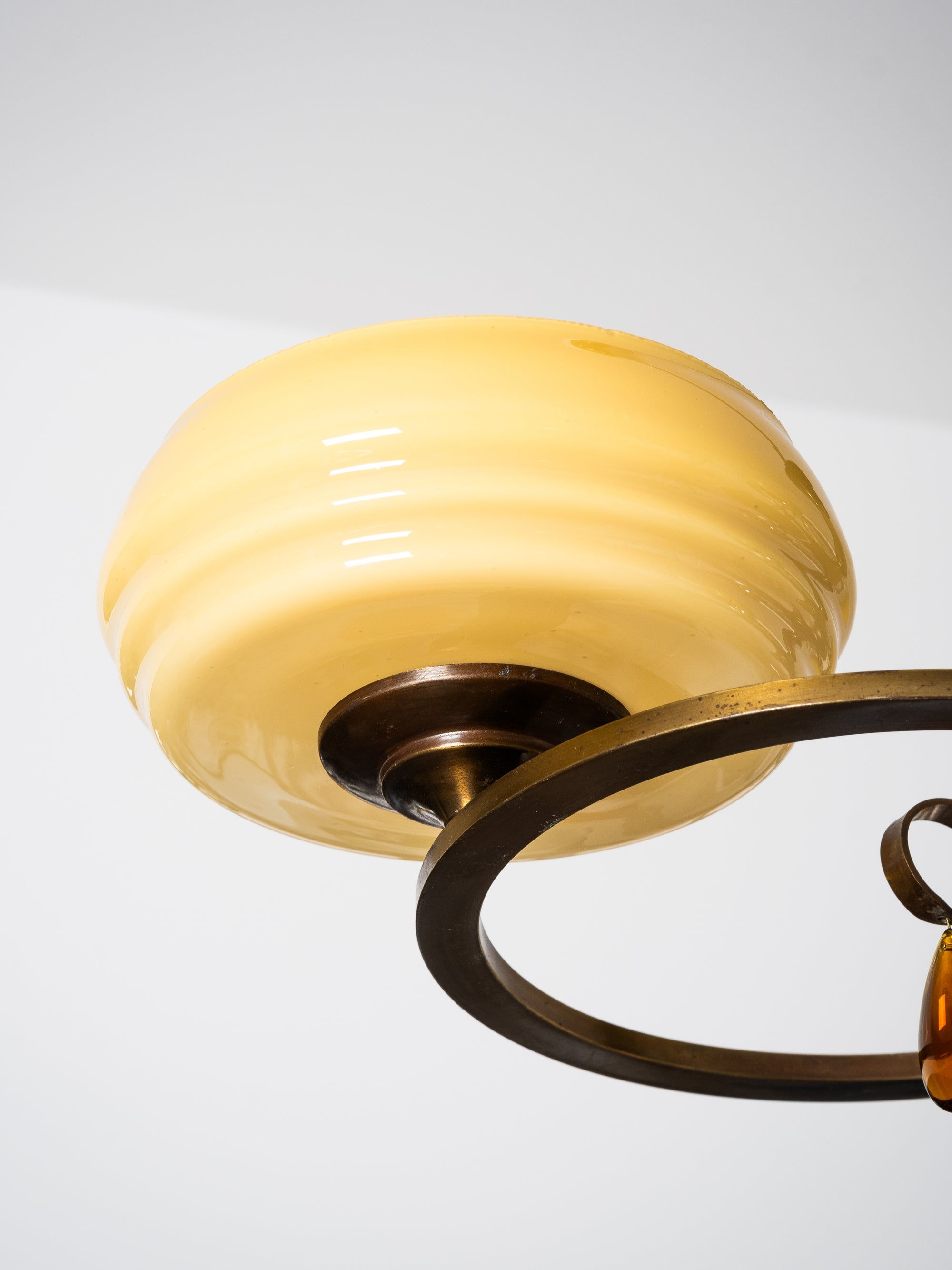 Swedish Grace Oxidised Brass &amp; Amber Glass Pendant Chandelier, 1930s