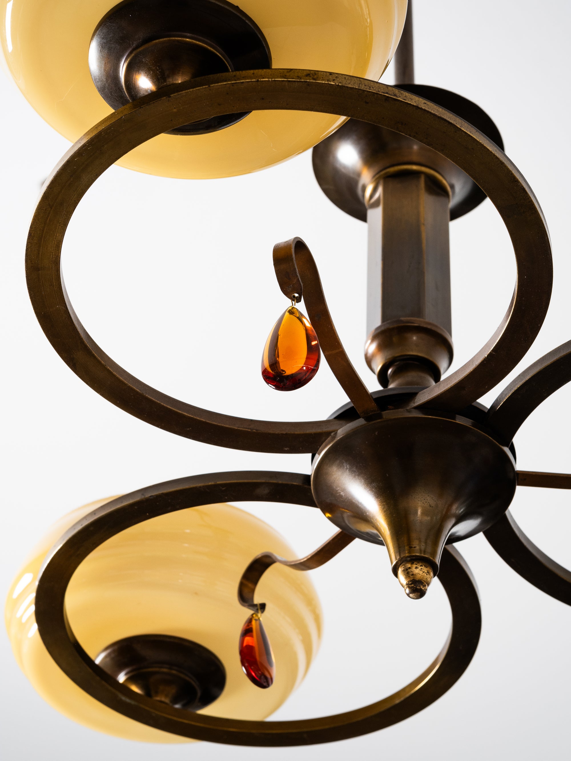 Swedish Grace Oxidised Brass &amp; Amber Glass Pendant Chandelier, 1930s