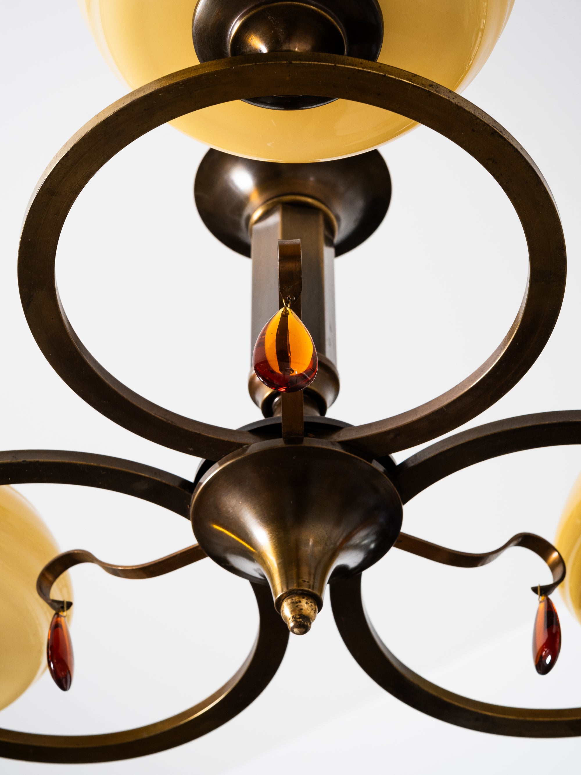 Swedish Grace Oxidised Brass &amp; Amber Glass Pendant Chandelier, 1930s