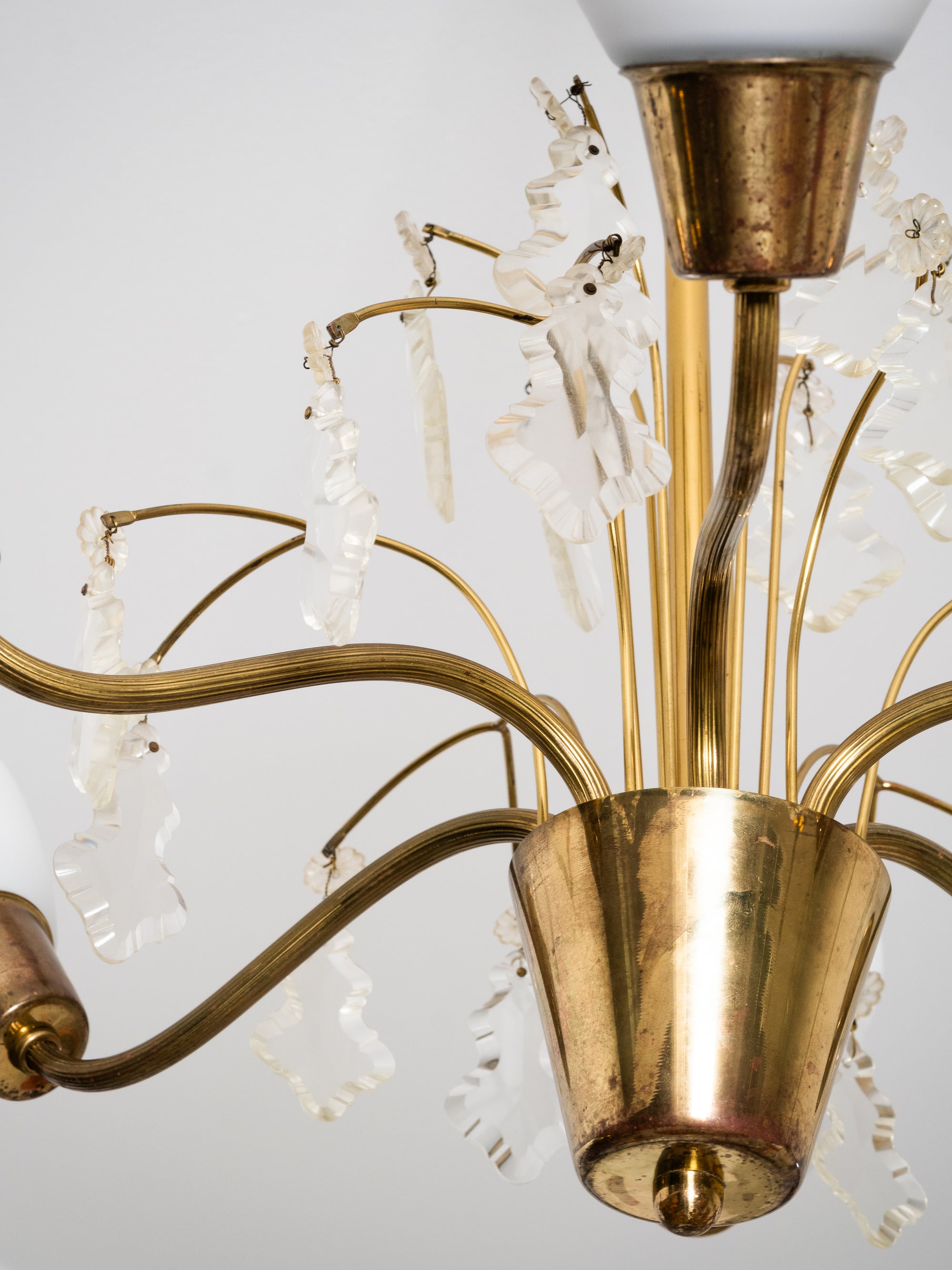 Maria Lindeman Model 1-2 Brass &amp; Frosted Glass Chandelier, Idman, Finland, 1950s