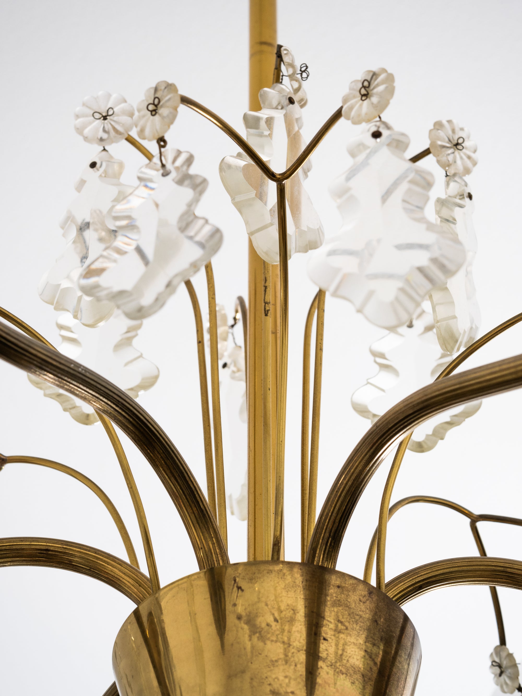 Maria Lindeman Model 1-2 Brass &amp; Frosted Glass Chandelier, Idman, Finland, 1950s