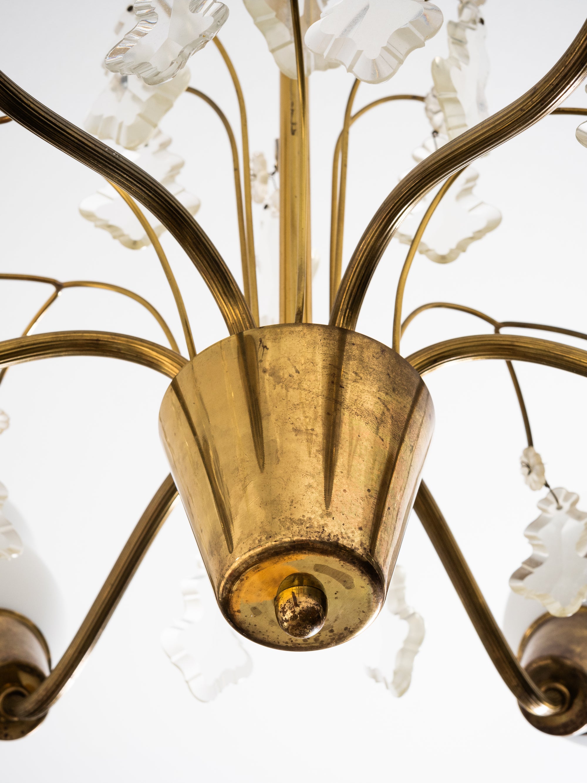 Maria Lindeman Model 1-2 Brass &amp; Frosted Glass Chandelier, Idman, Finland, 1950s