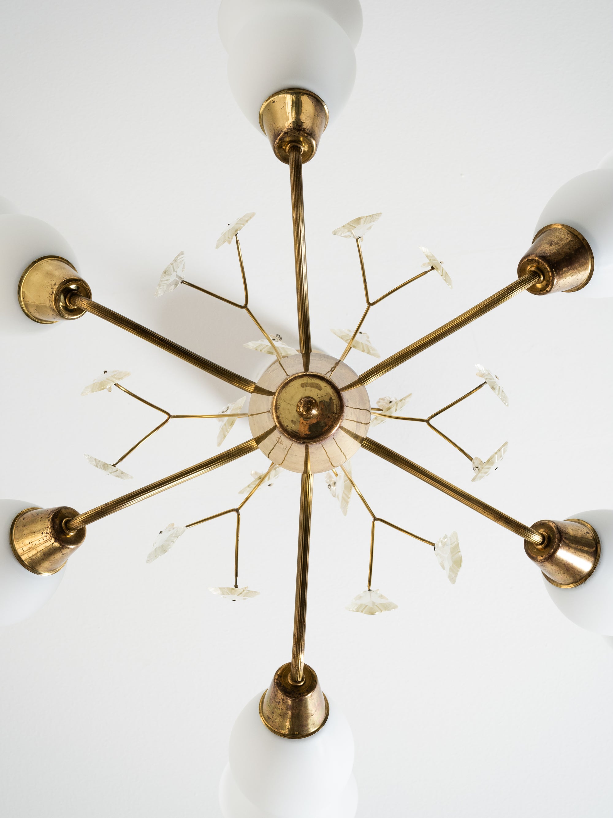Maria Lindeman Model 1-2 Brass &amp; Frosted Glass Chandelier, Idman, Finland, 1950s