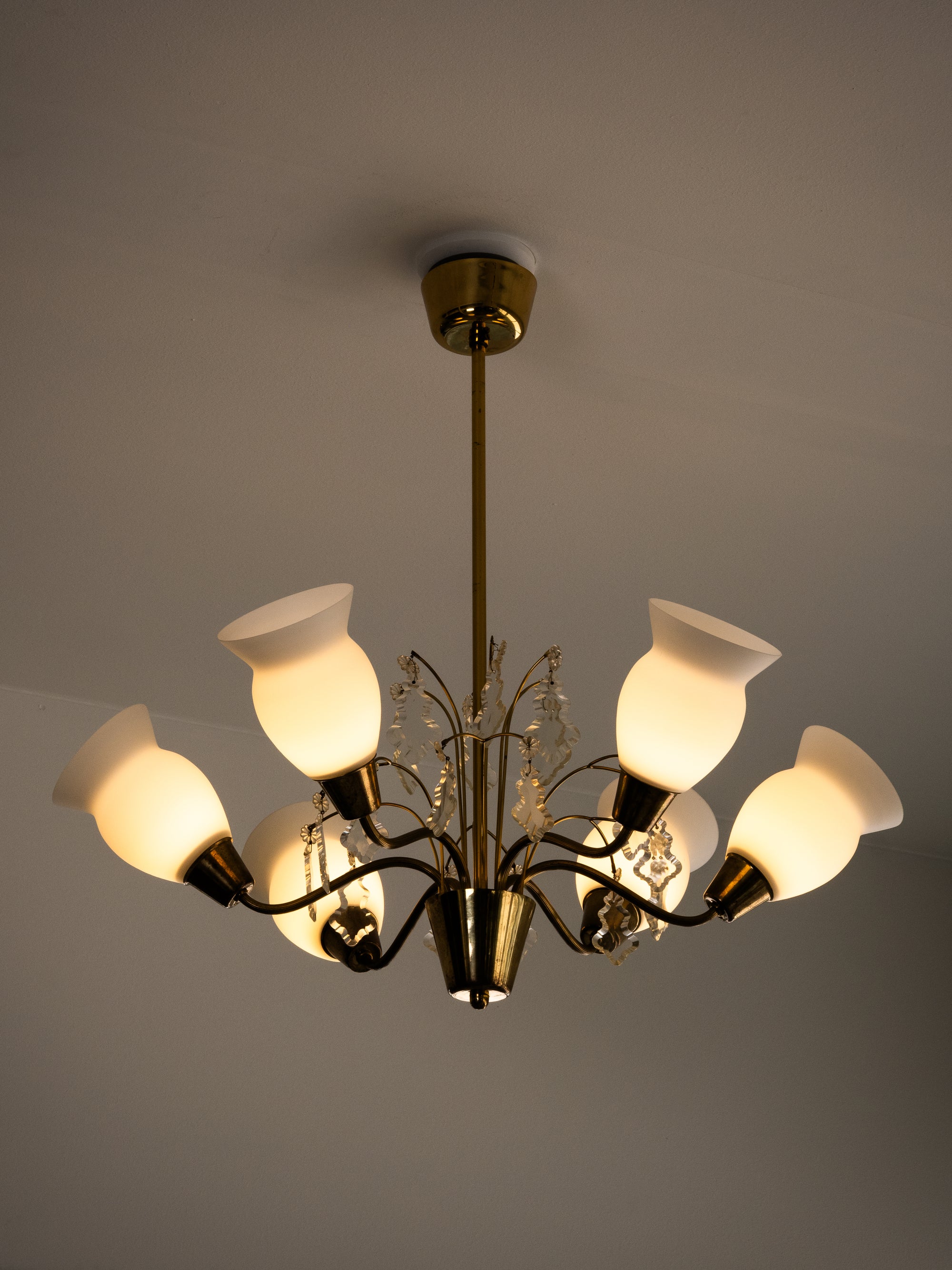 Maria Lindeman Model 1-2 Brass &amp; Frosted Glass Chandelier, Idman, Finland, 1950s