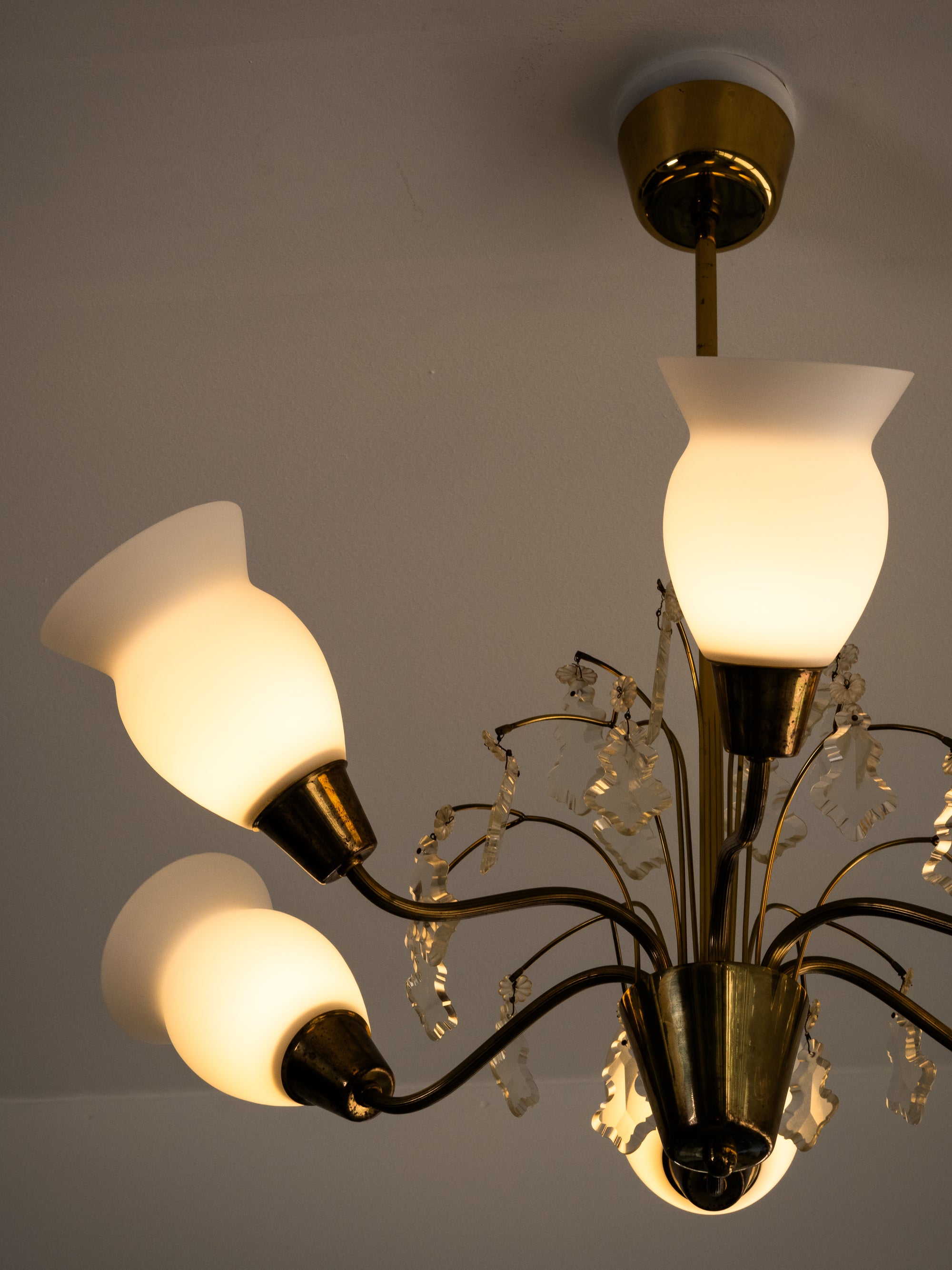 Maria Lindeman Model 1-2 Brass &amp; Frosted Glass Chandelier, Idman, Finland, 1950s