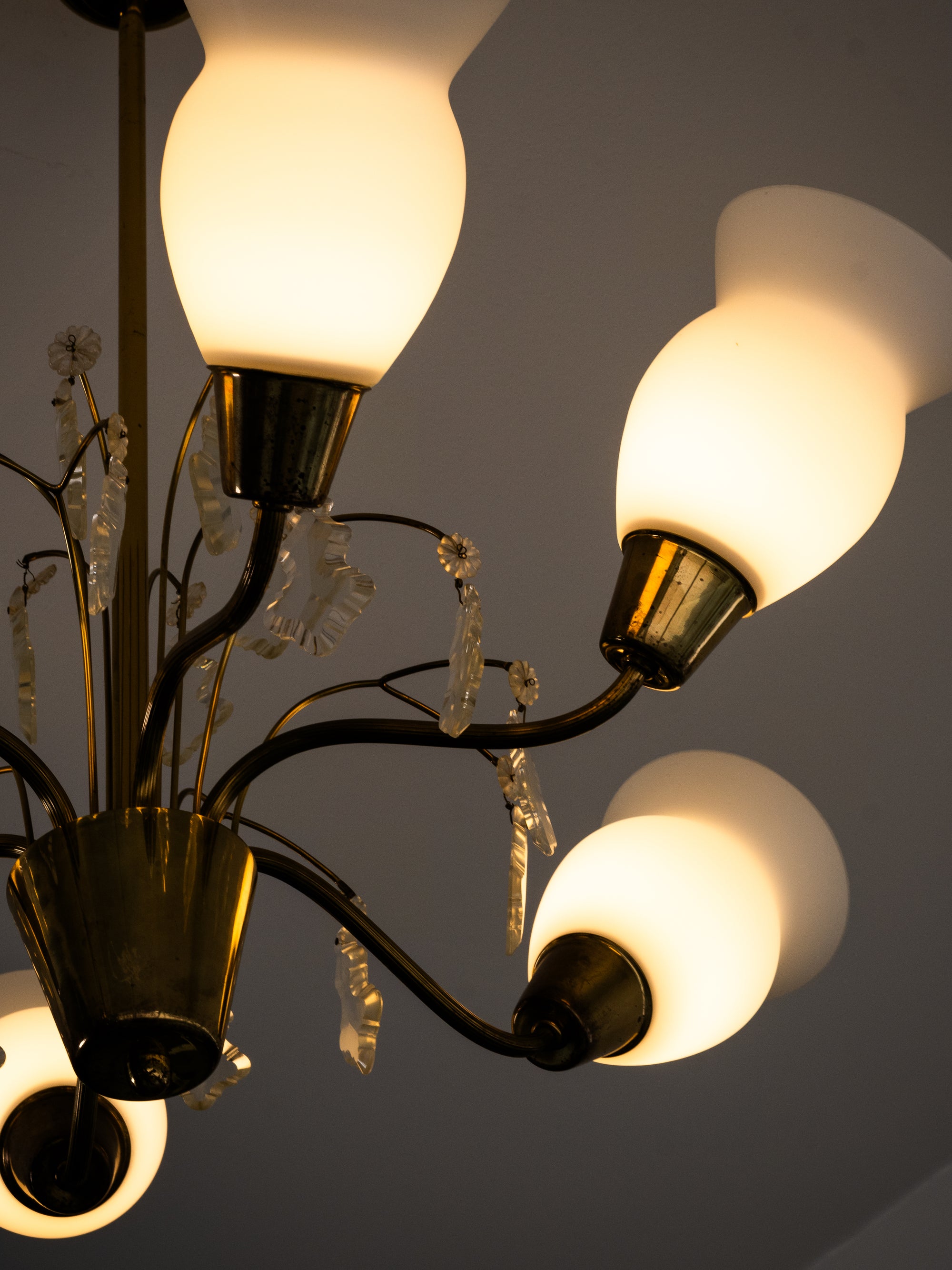Maria Lindeman Model 1-2 Brass &amp; Frosted Glass Chandelier, Idman, Finland, 1950s