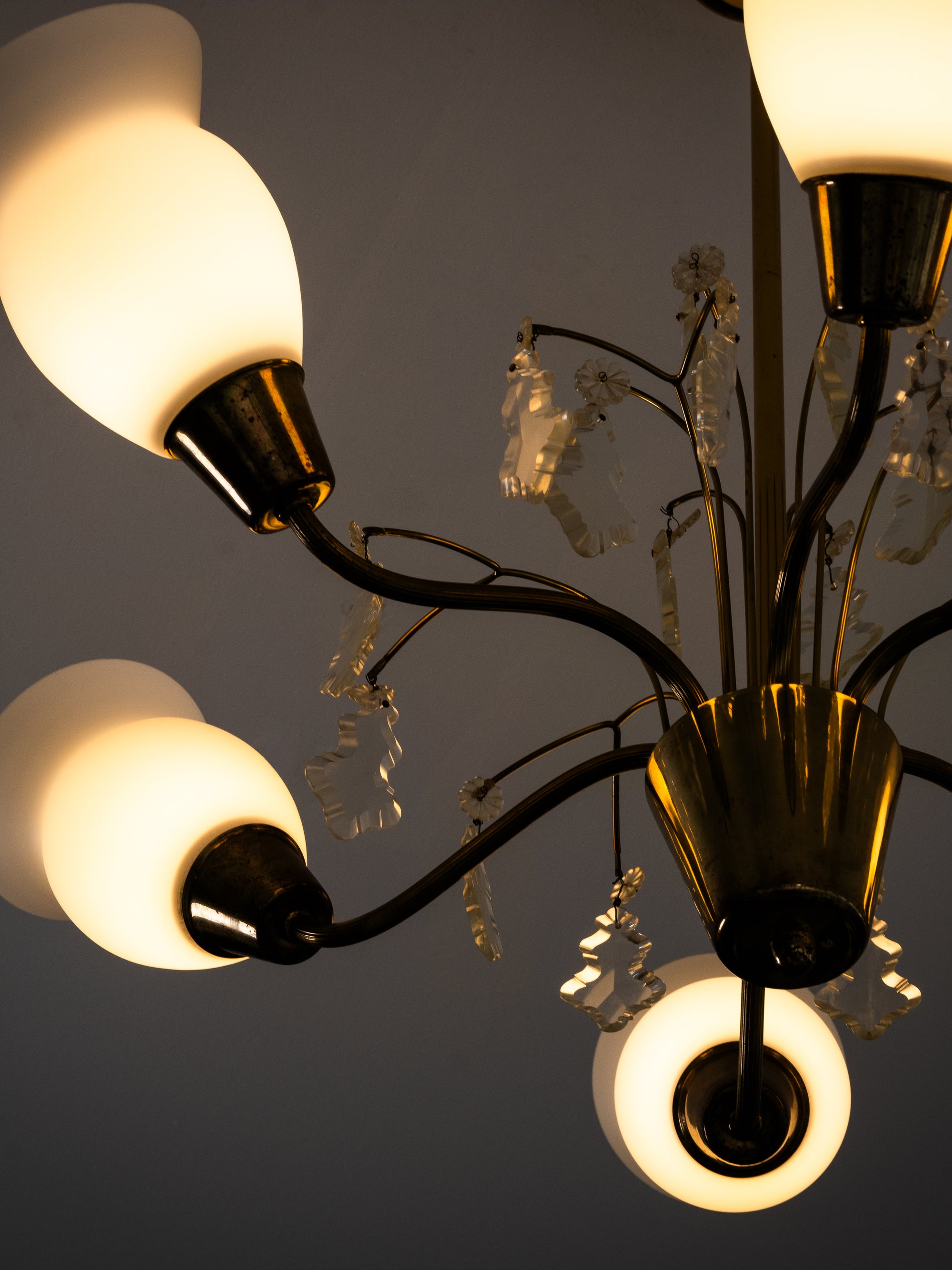 Maria Lindeman Model 1-2 Brass &amp; Frosted Glass Chandelier, Idman, Finland, 1950s