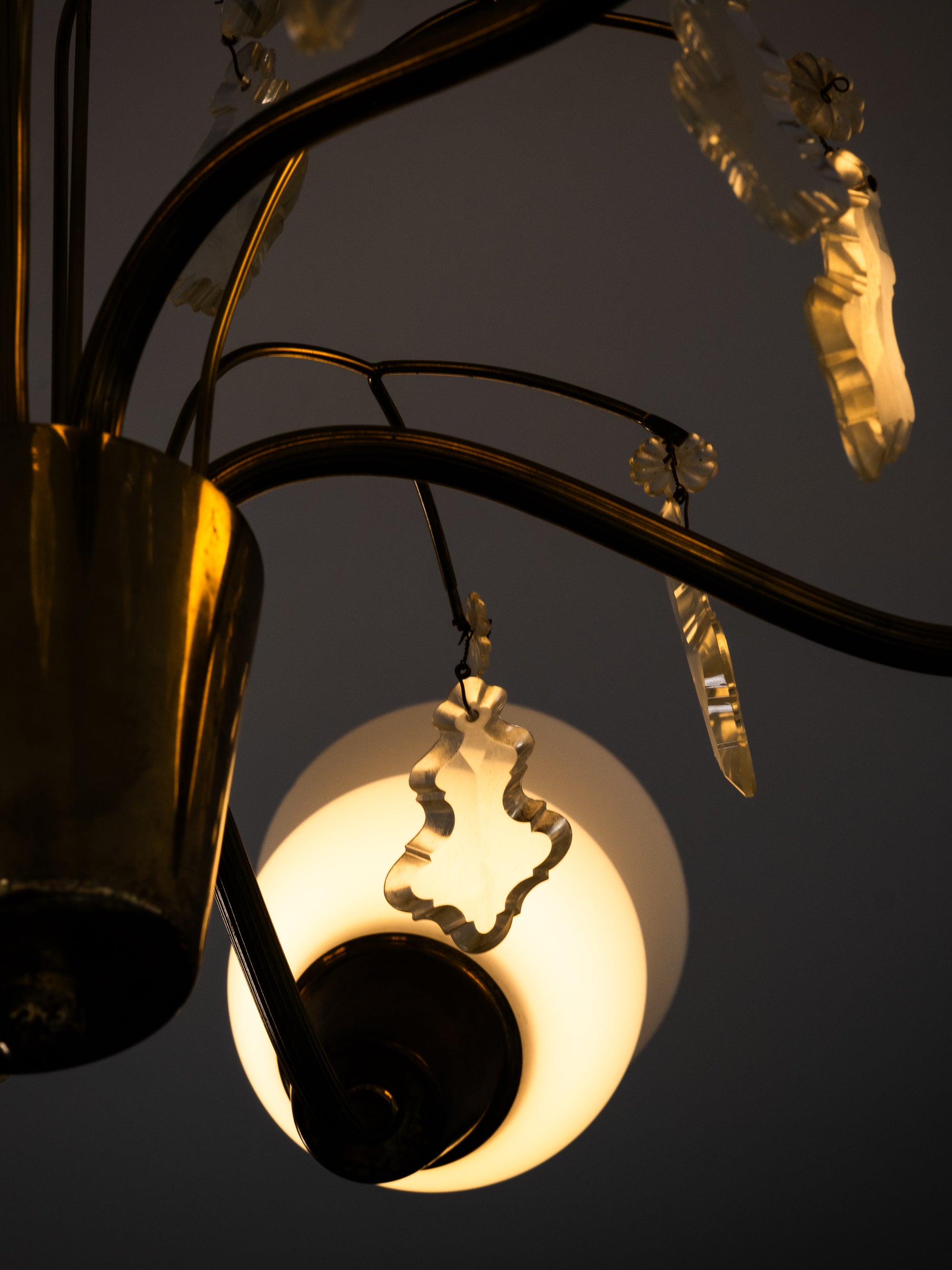 Maria Lindeman Model 1-2 Brass &amp; Frosted Glass Chandelier, Idman, Finland, 1950s