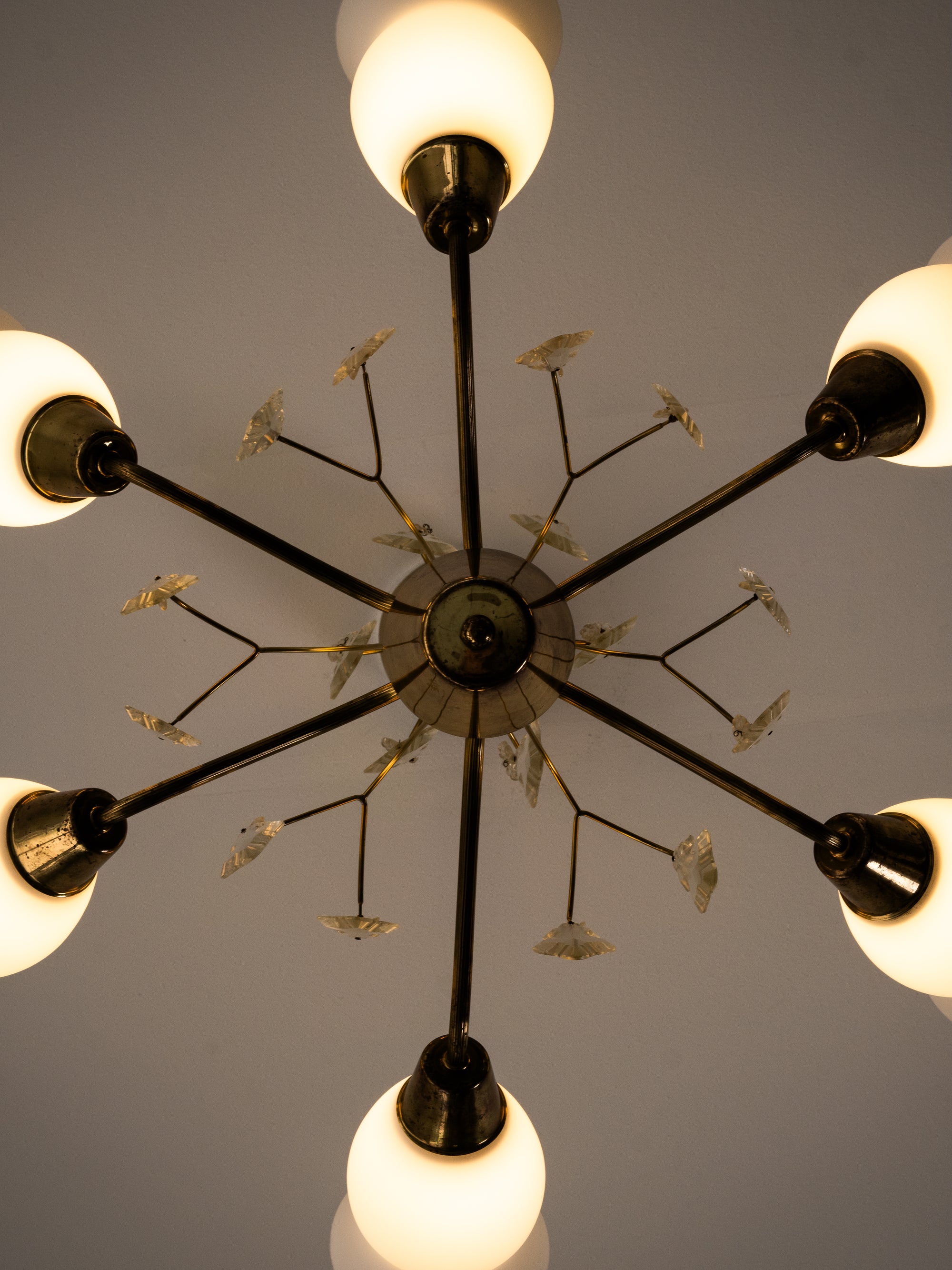 Maria Lindeman Model 1-2 Brass &amp; Frosted Glass Chandelier, Idman, Finland, 1950s