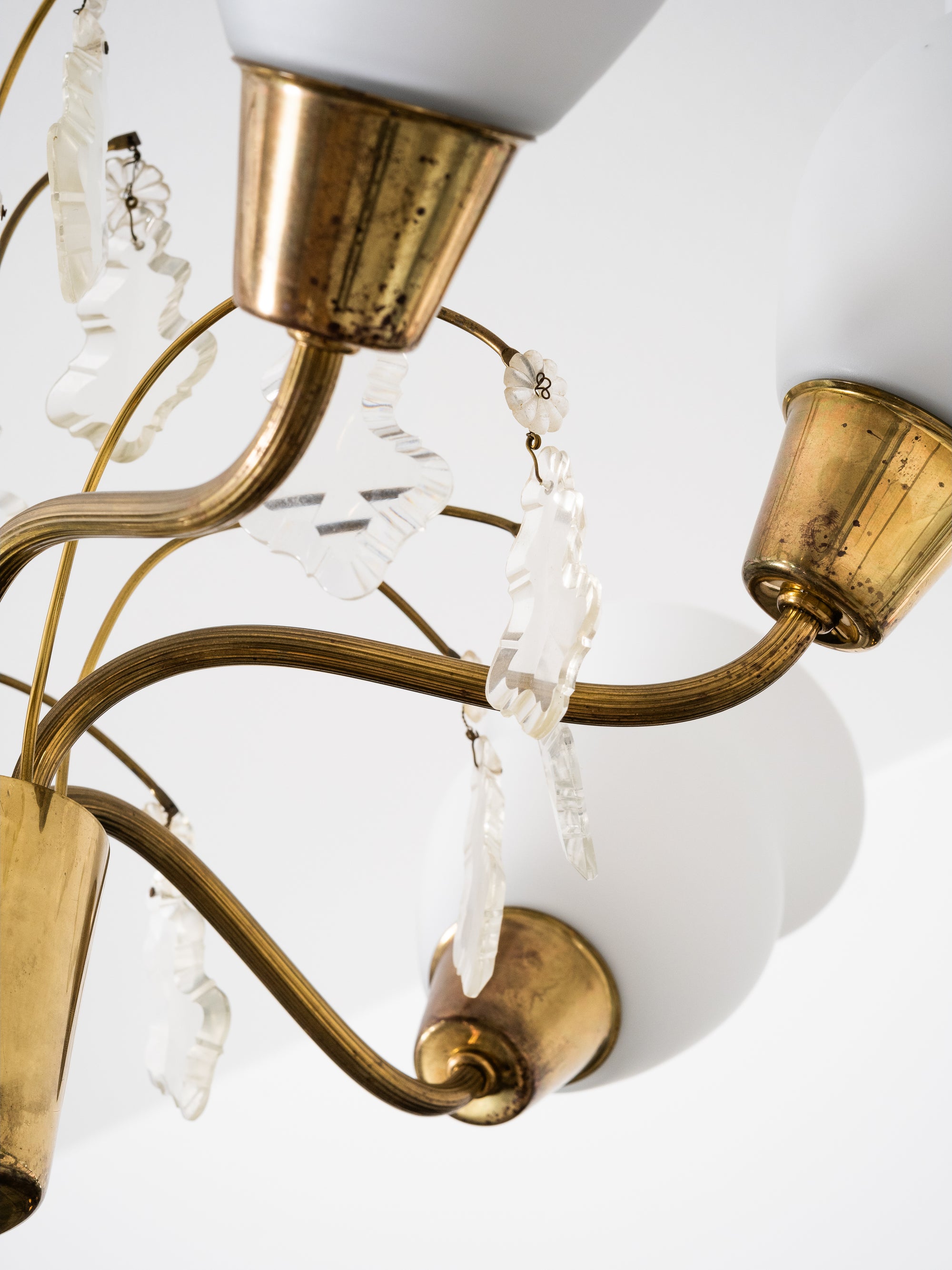 Maria Lindeman Model 1-2 Brass &amp; Frosted Glass Chandelier, Idman, Finland, 1950s