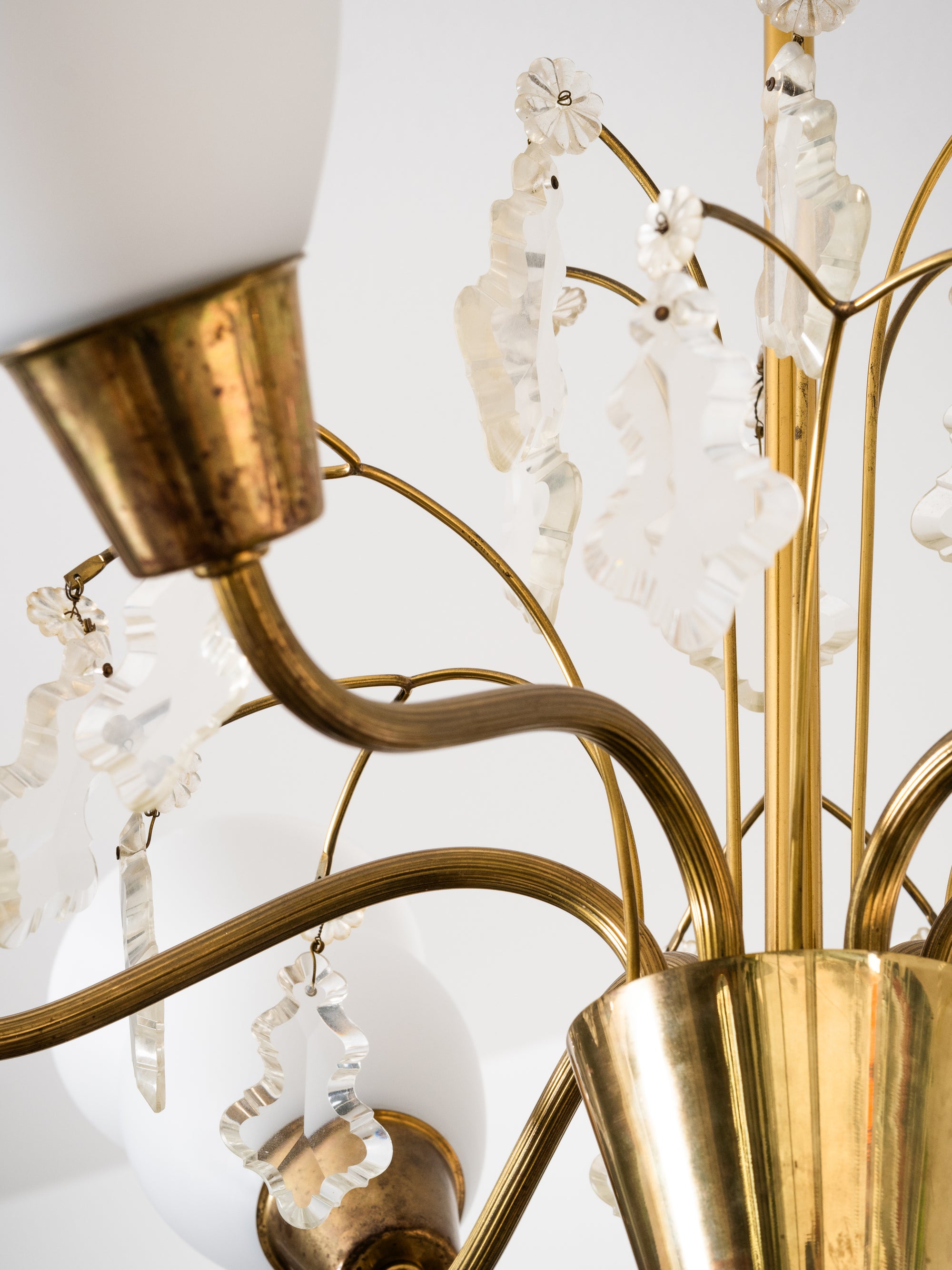 Maria Lindeman Model 1-2 Brass &amp; Frosted Glass Chandelier, Idman, Finland, 1950s