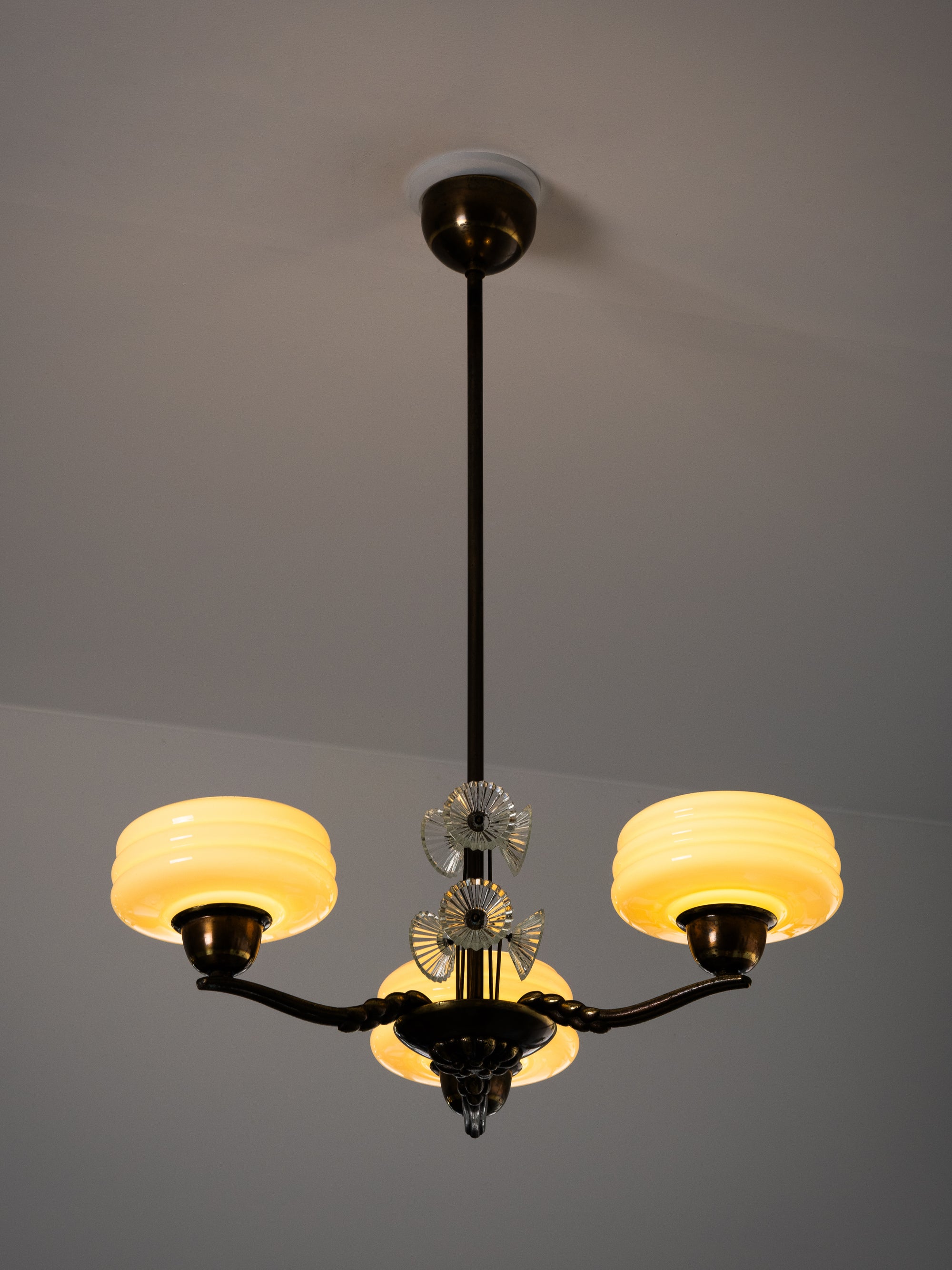 Art Deco Chandelier with Glass Floral Details, Lisa Johansson-Pape, Orno, 1940s