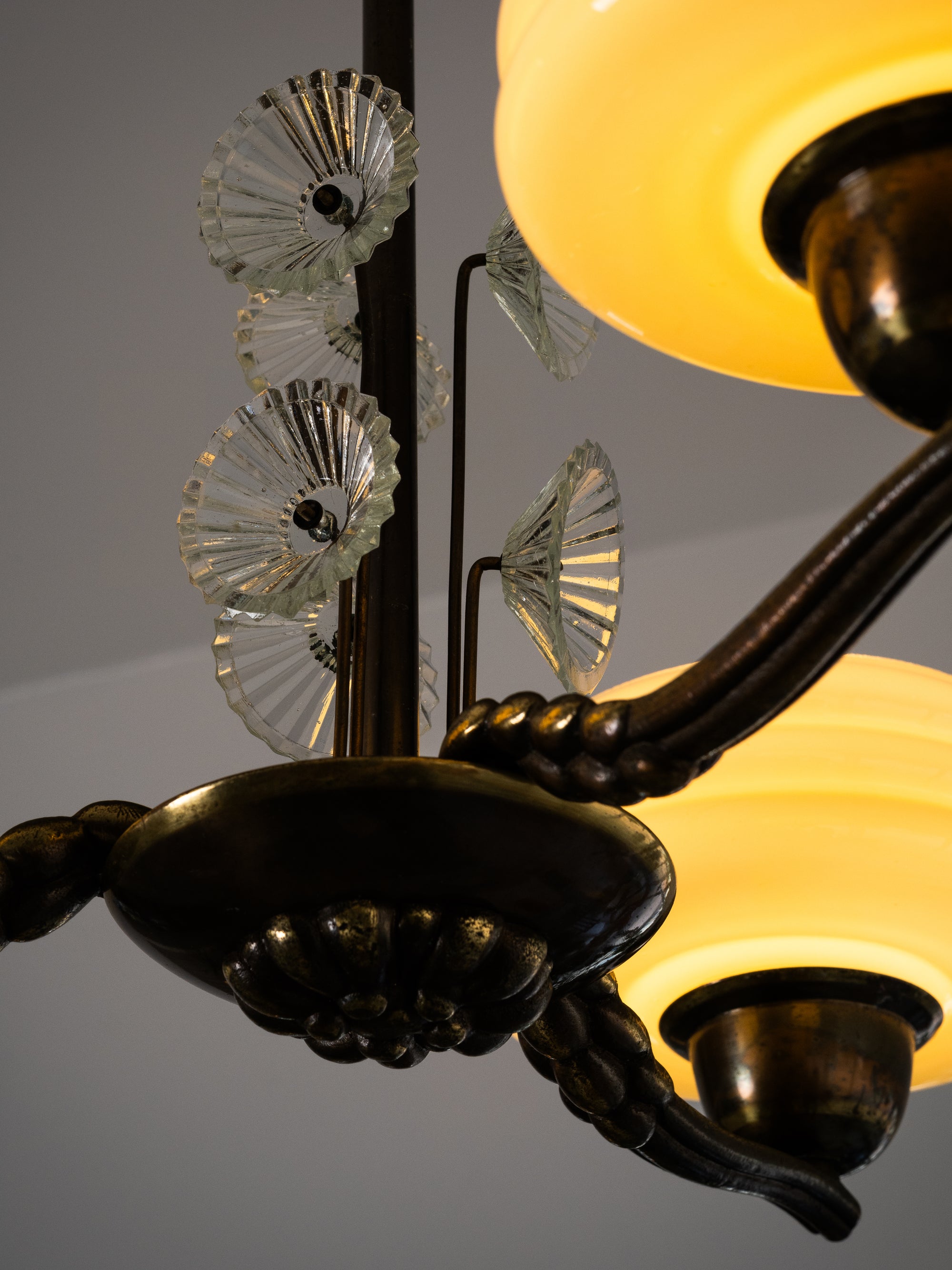 Art Deco Chandelier with Glass Floral Details, Lisa Johansson-Pape, Orno, 1940s