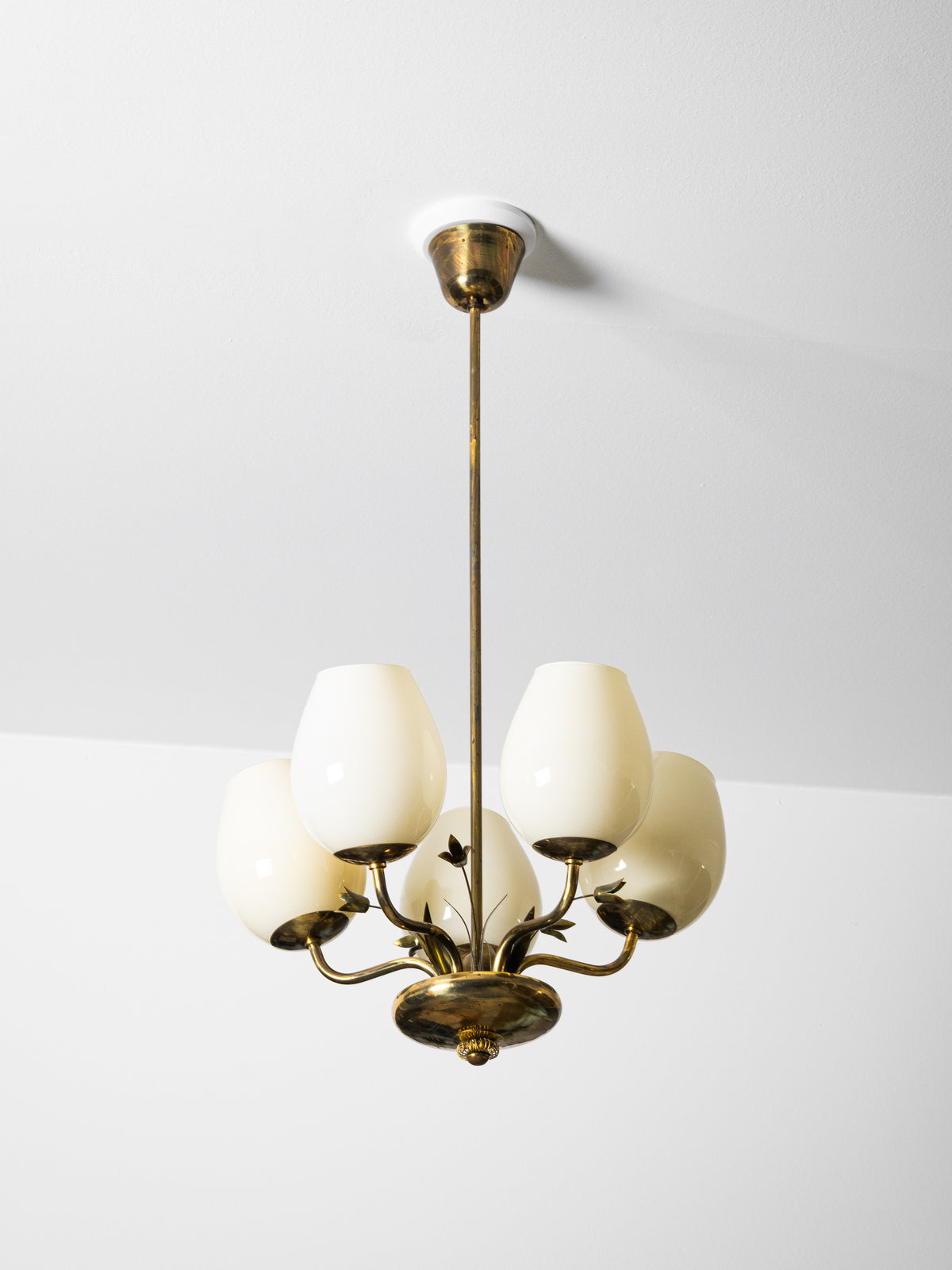 Brass &amp; Opaline Glass Chandelier with Floral Details by Valinte, Finland, 1950s
