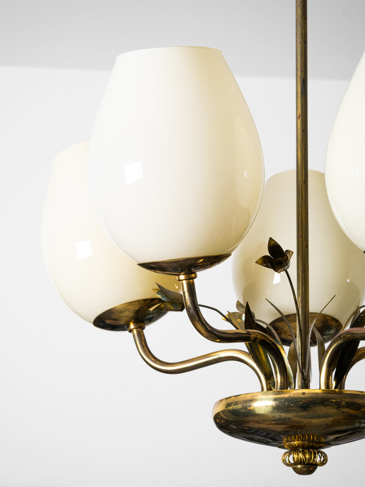 Brass &amp; Opaline Glass Chandelier with Floral Details by Valinte, Finland, 1950s