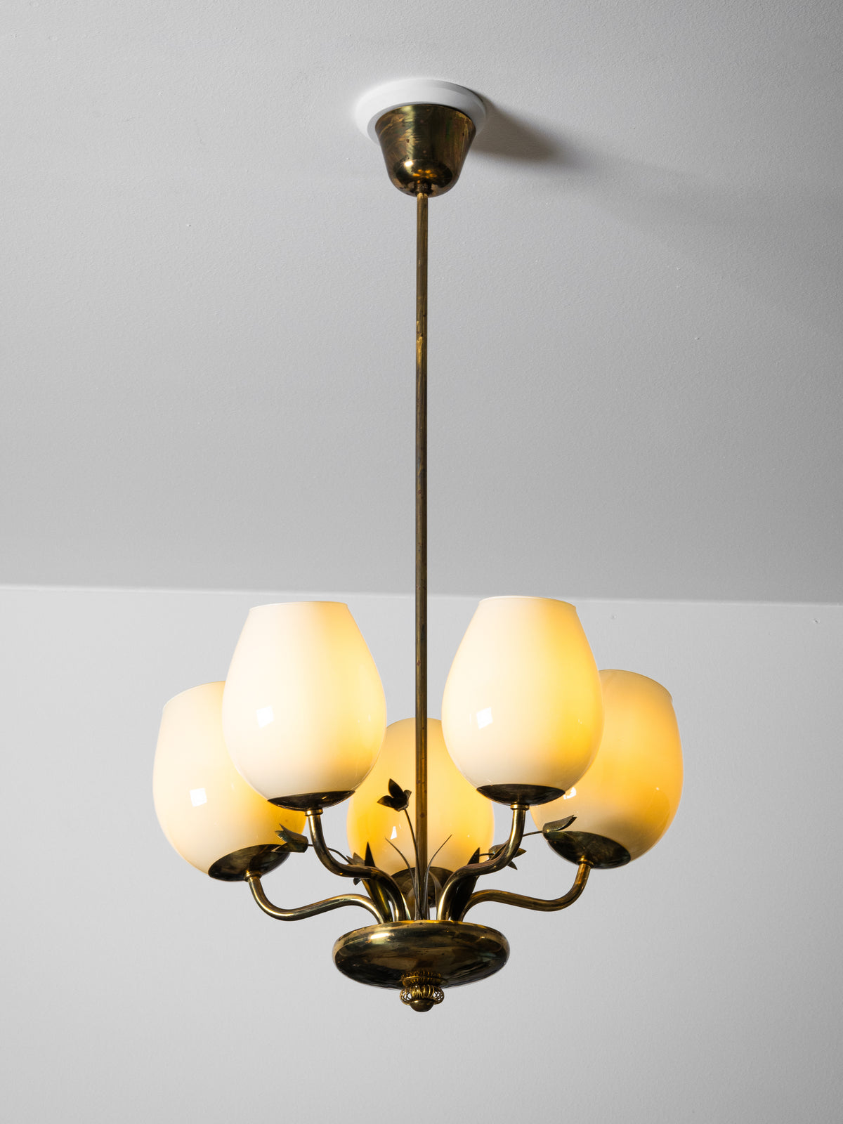 Brass &amp; Opaline Glass Chandelier with Floral Details by Valinte, Finland, 1950s