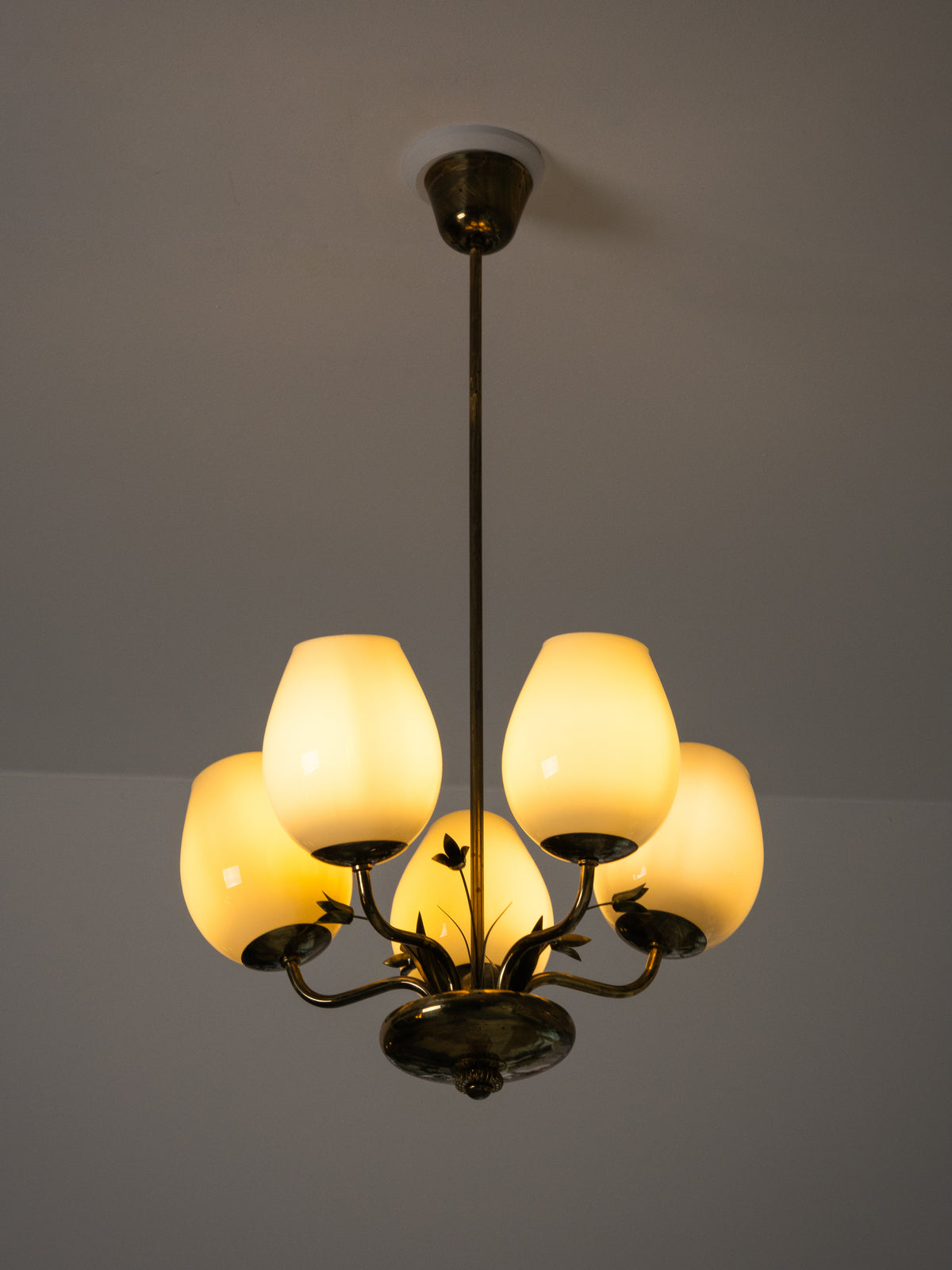 Brass &amp; Opaline Glass Chandelier with Floral Details by Valinte, Finland, 1950s
