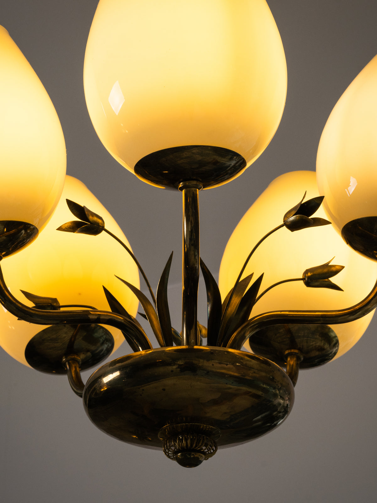Brass &amp; Opaline Glass Chandelier with Floral Details by Valinte, Finland, 1950s