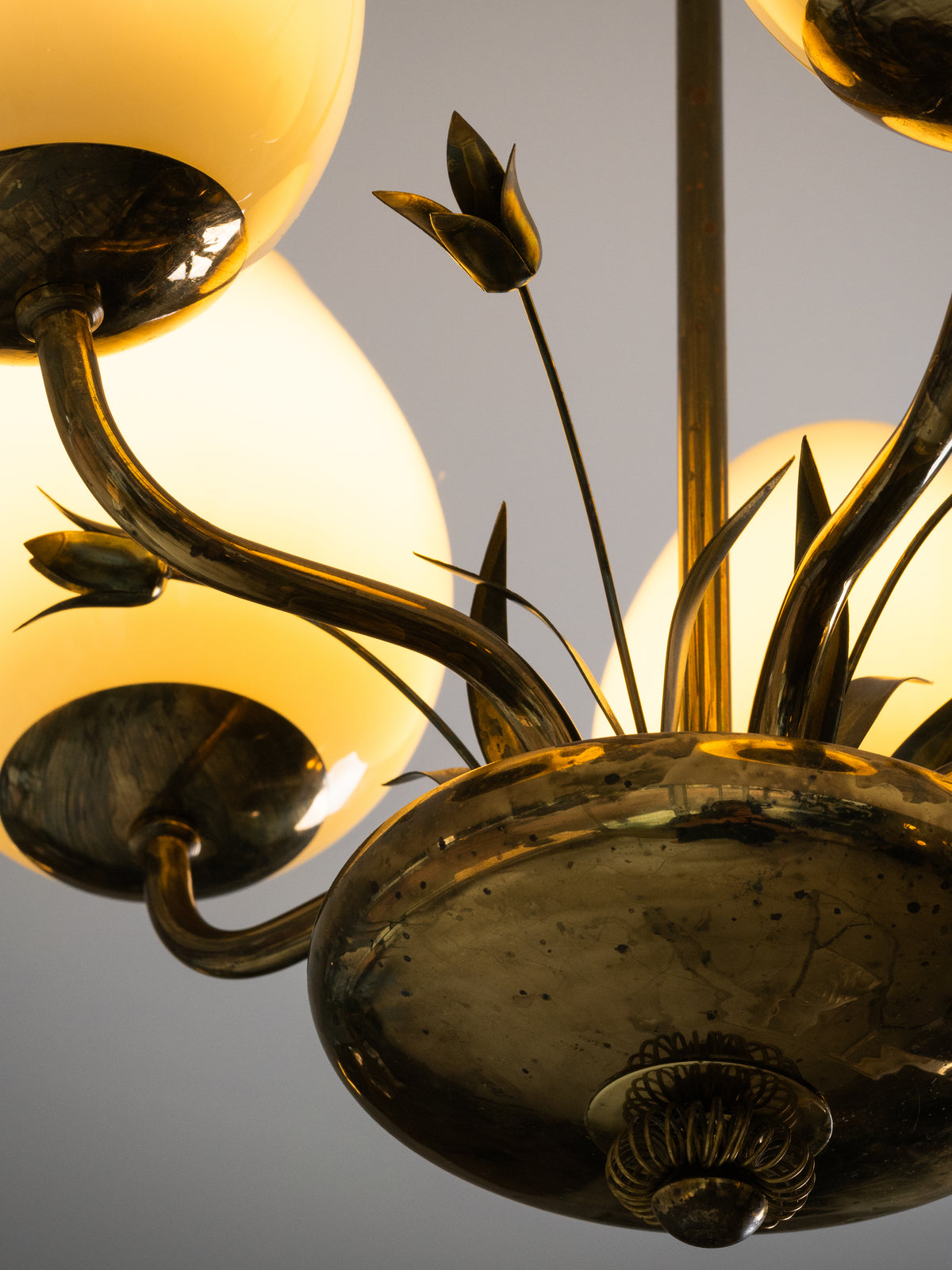 Brass &amp; Opaline Glass Chandelier with Floral Details by Valinte, Finland, 1950s