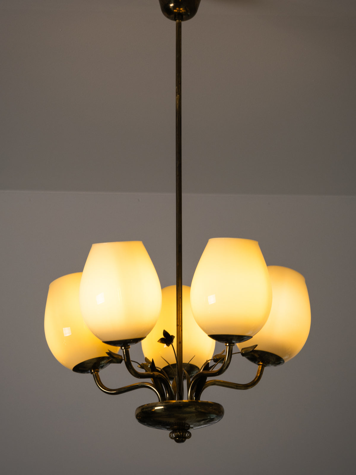 Brass &amp; Opaline Glass Chandelier with Floral Details by Valinte, Finland, 1950s