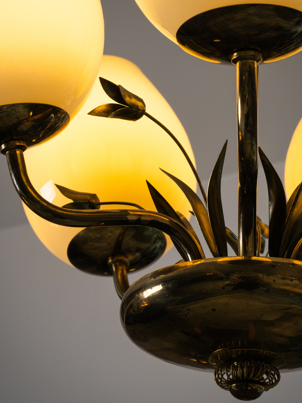Brass &amp; Opaline Glass Chandelier with Floral Details by Valinte, Finland, 1950s